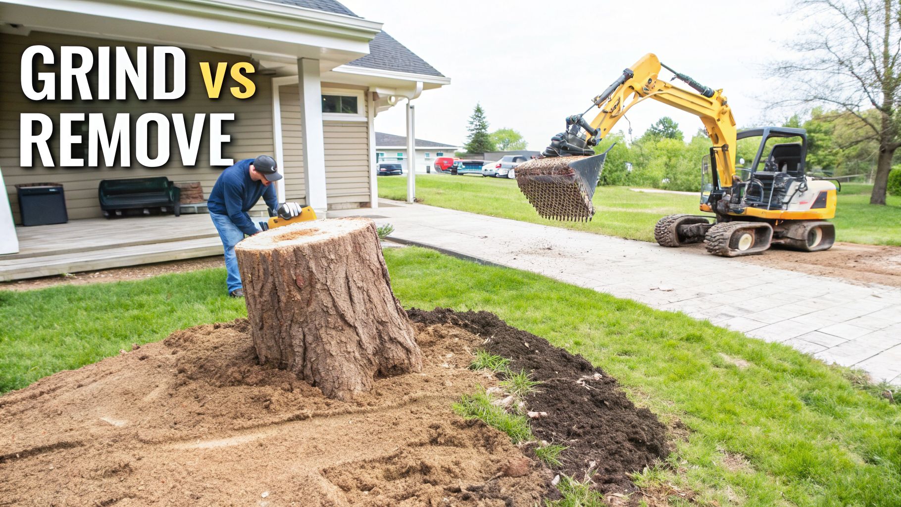 A man grinding a tree stump and an excavator removing a stump, showing two methods.