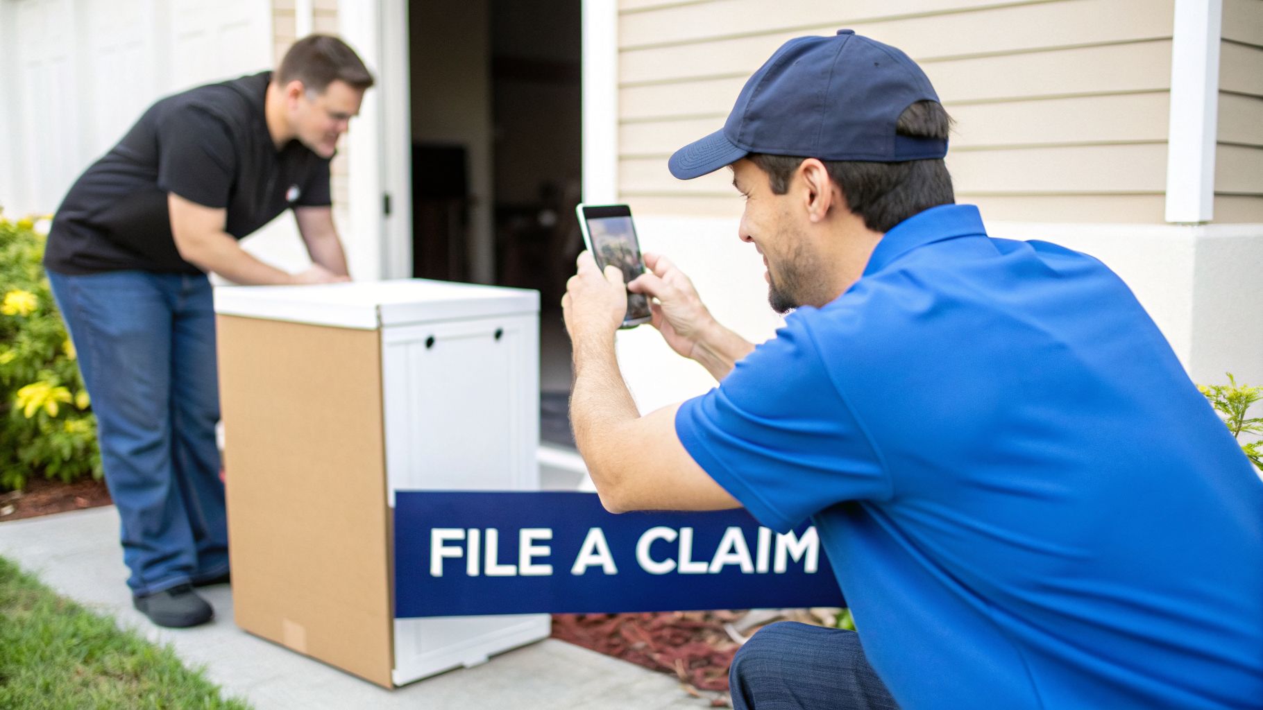 Man filing an insurance claim by photographing a package and a 'FILE A CLAIM' sign with a smartphone.