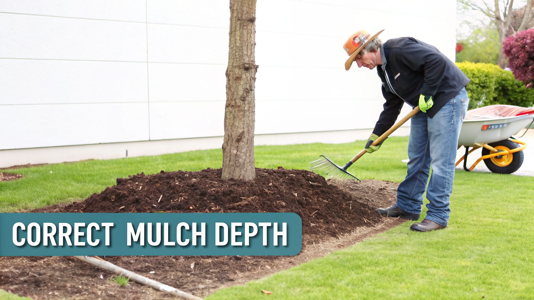 A person in a hat and gloves raking mulch around the base of a tree, demonstrating correct mulch depth.