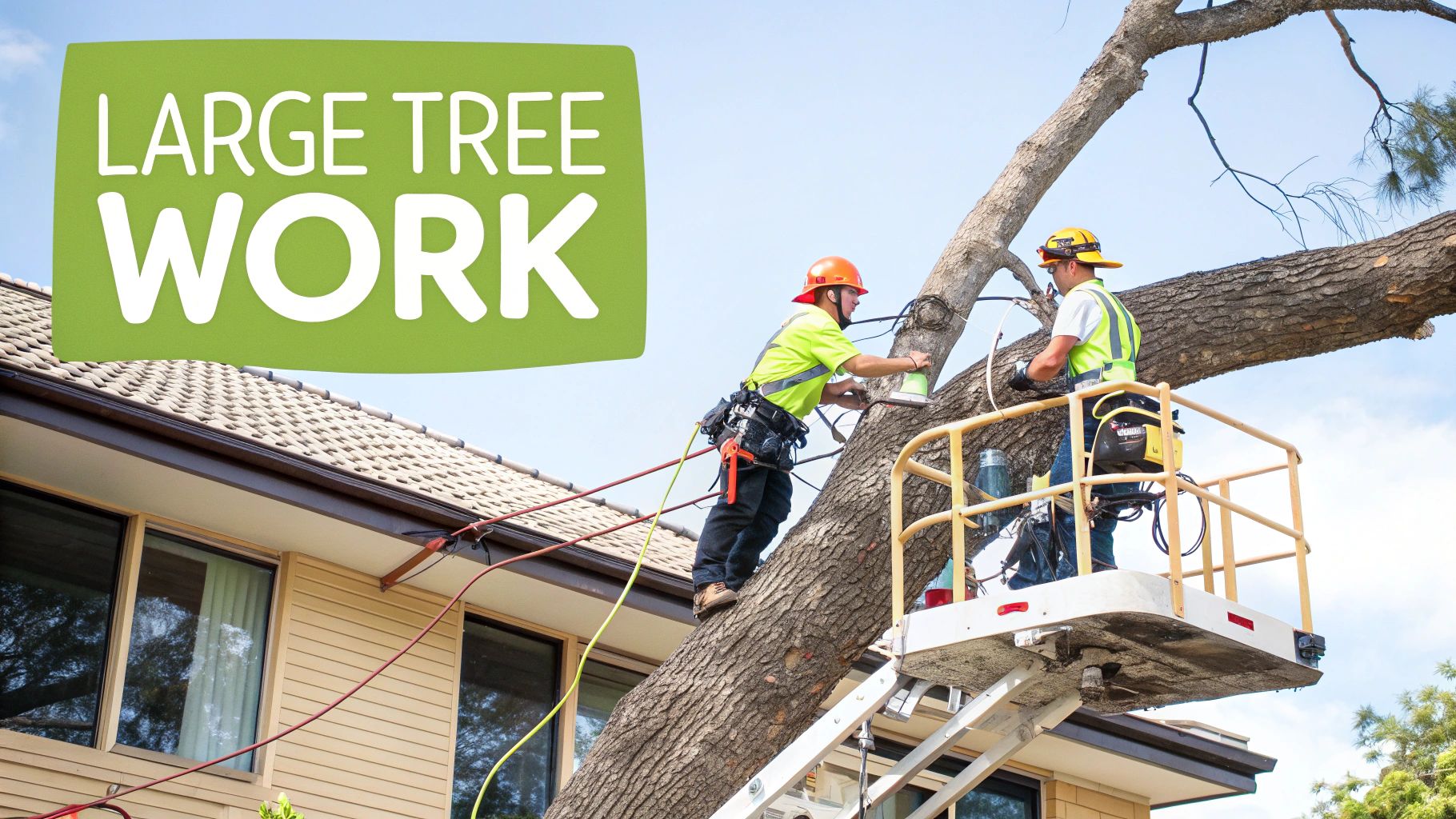 Professional tree workers pruning a large tree near a home using safety equipment and a lift.