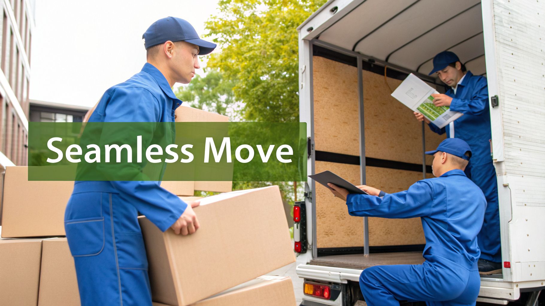 Three professional movers in blue uniforms loading cardboard boxes into a white moving truck.