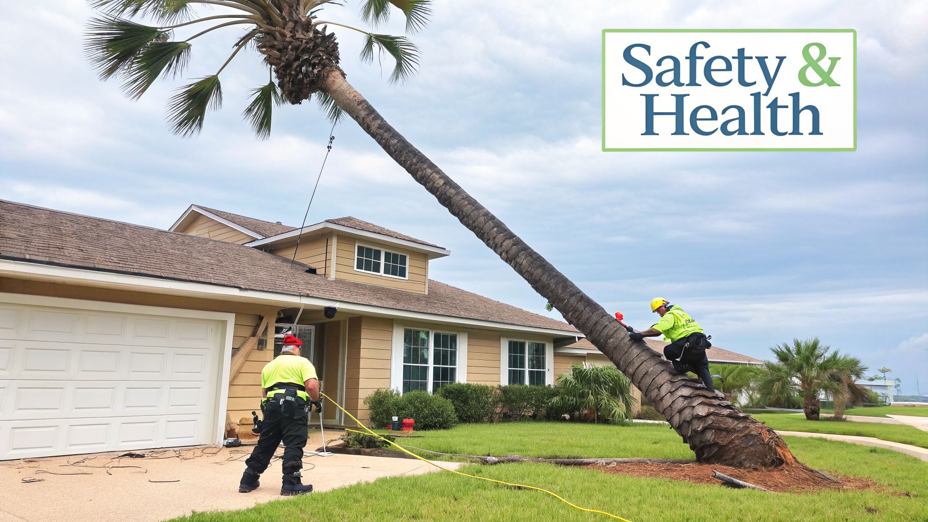 Two workers in safety gear trim a large, leaning palm tree next to a house after a storm.