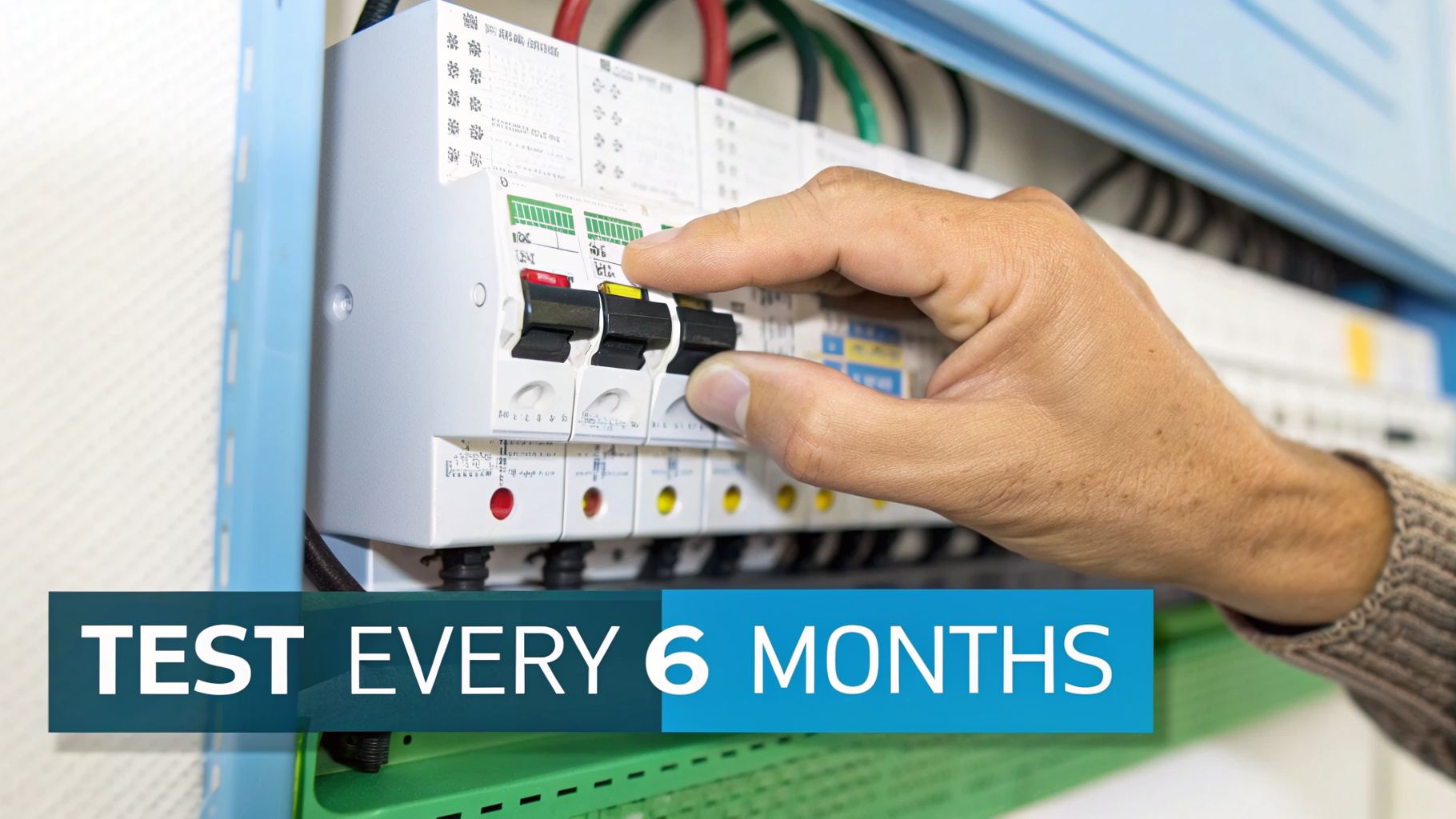 A hand operates a circuit breaker in an electrical panel, emphasizing regular safety testing.