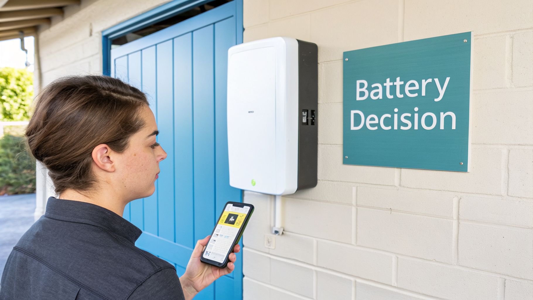 Woman checking her smartphone in front of a white home battery unit and a 'Battery Decision' sign.