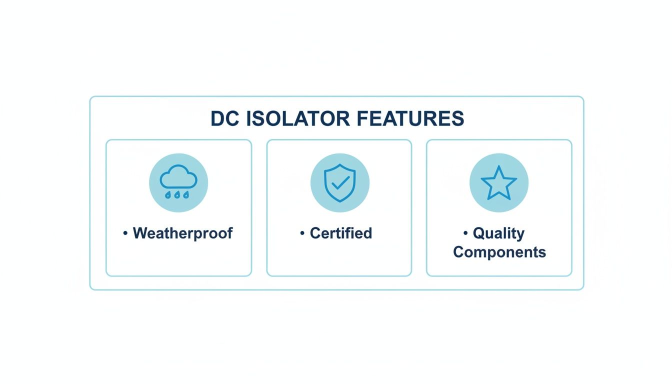 Diagram illustrating DC isolator features: weatherproof, certified, and quality components.