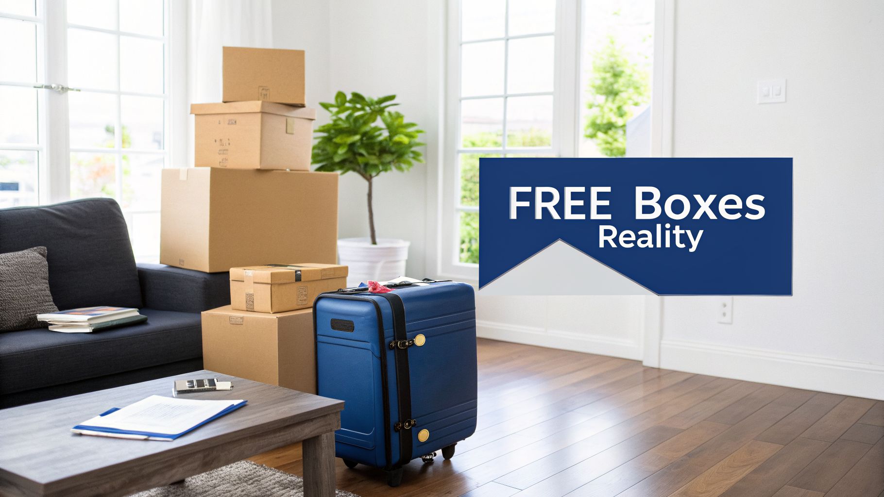 Stacked cardboard moving boxes and a blue suitcase in a home, with a banner displaying 'FREE Boxes Reality'.
