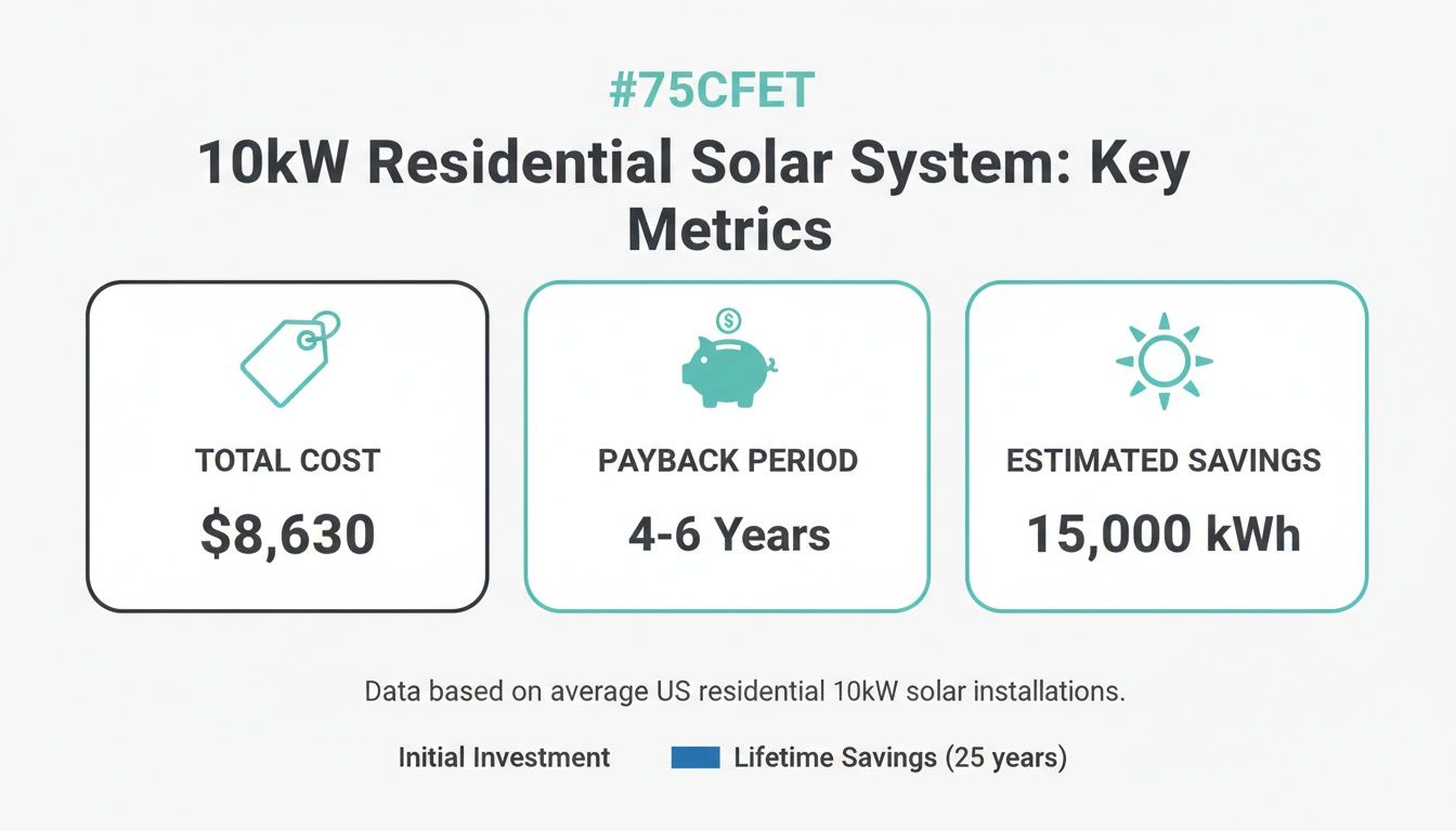Key metrics for a 10kW residential solar system, including total cost, payback period, and energy savings.