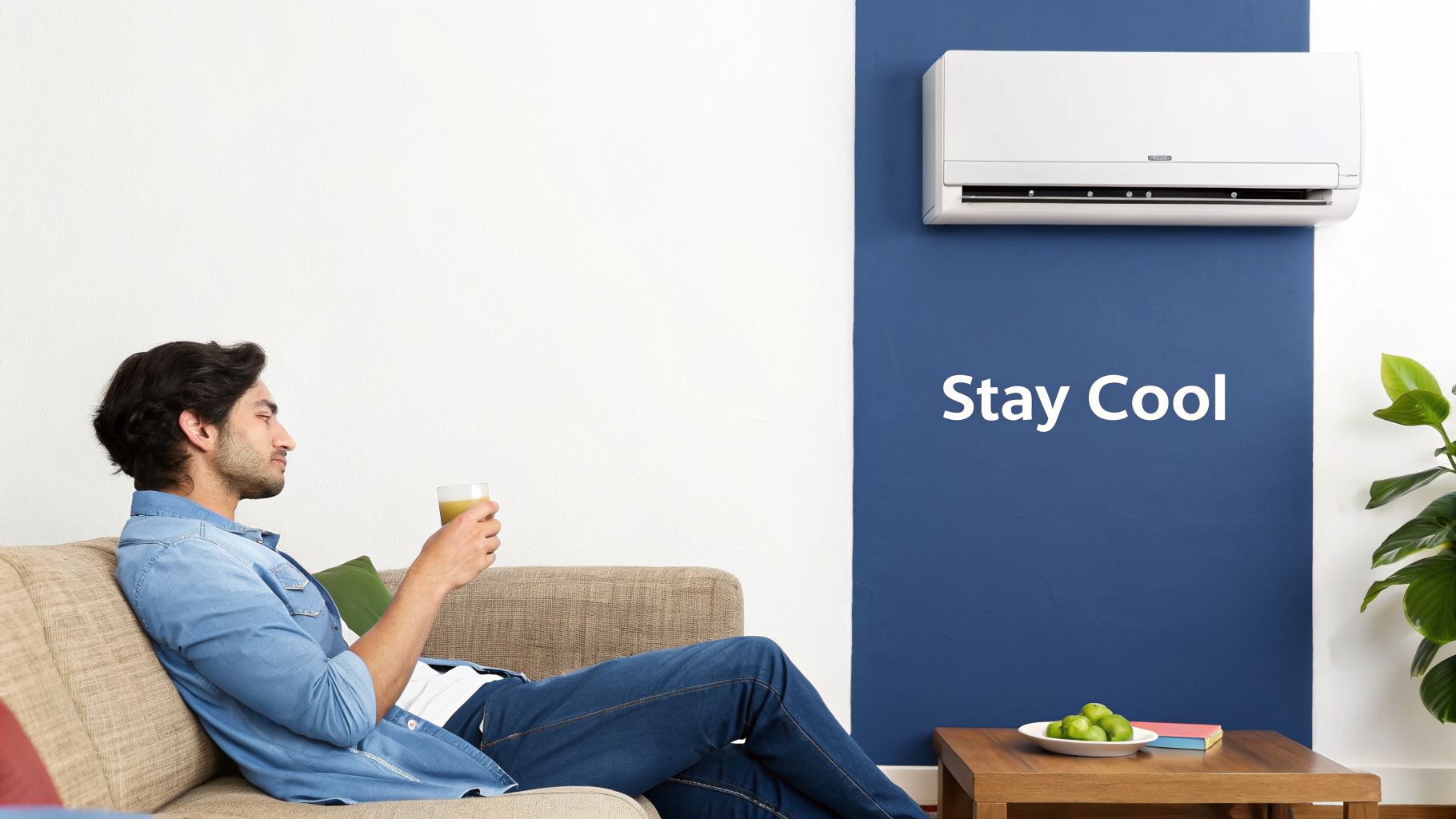 Man relaxing on sofa, enjoying a cool drink while an air conditioner keeps the room comfortable.