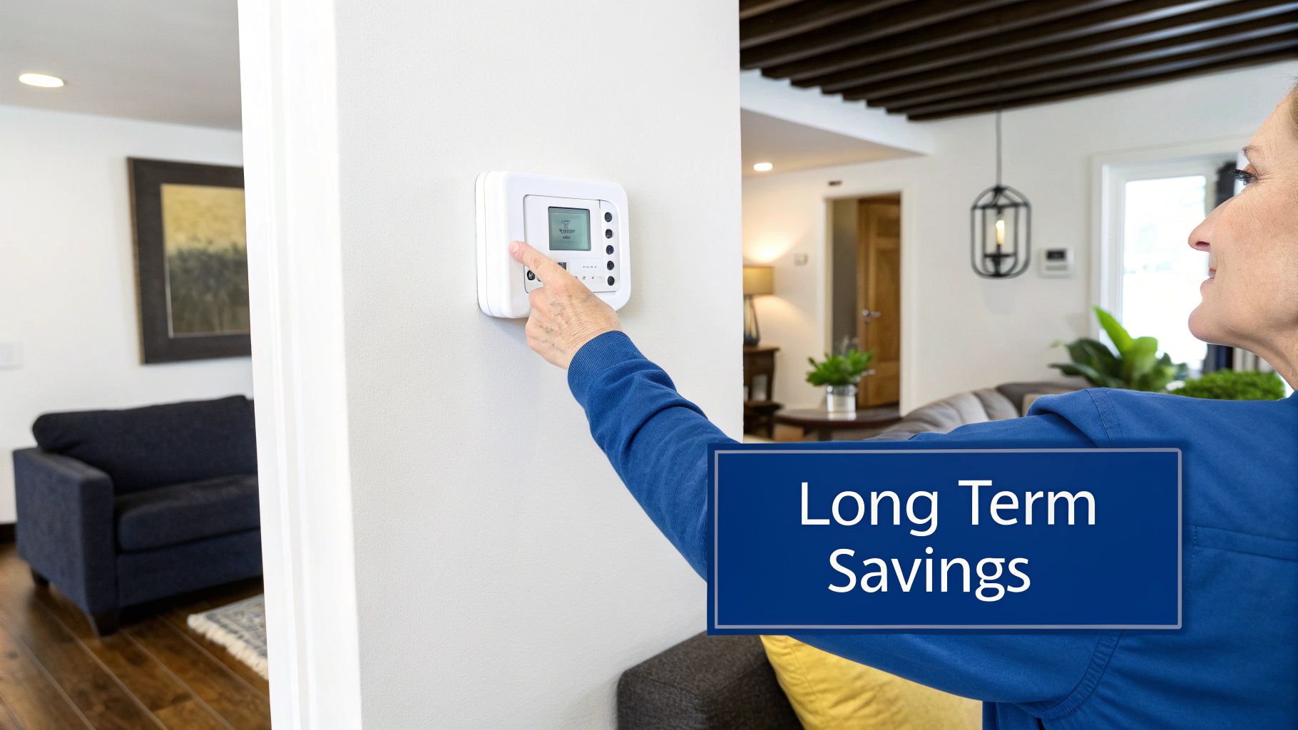 Person adjusting a smart thermostat on a wall, with 'Long Term Savings' text overlay.