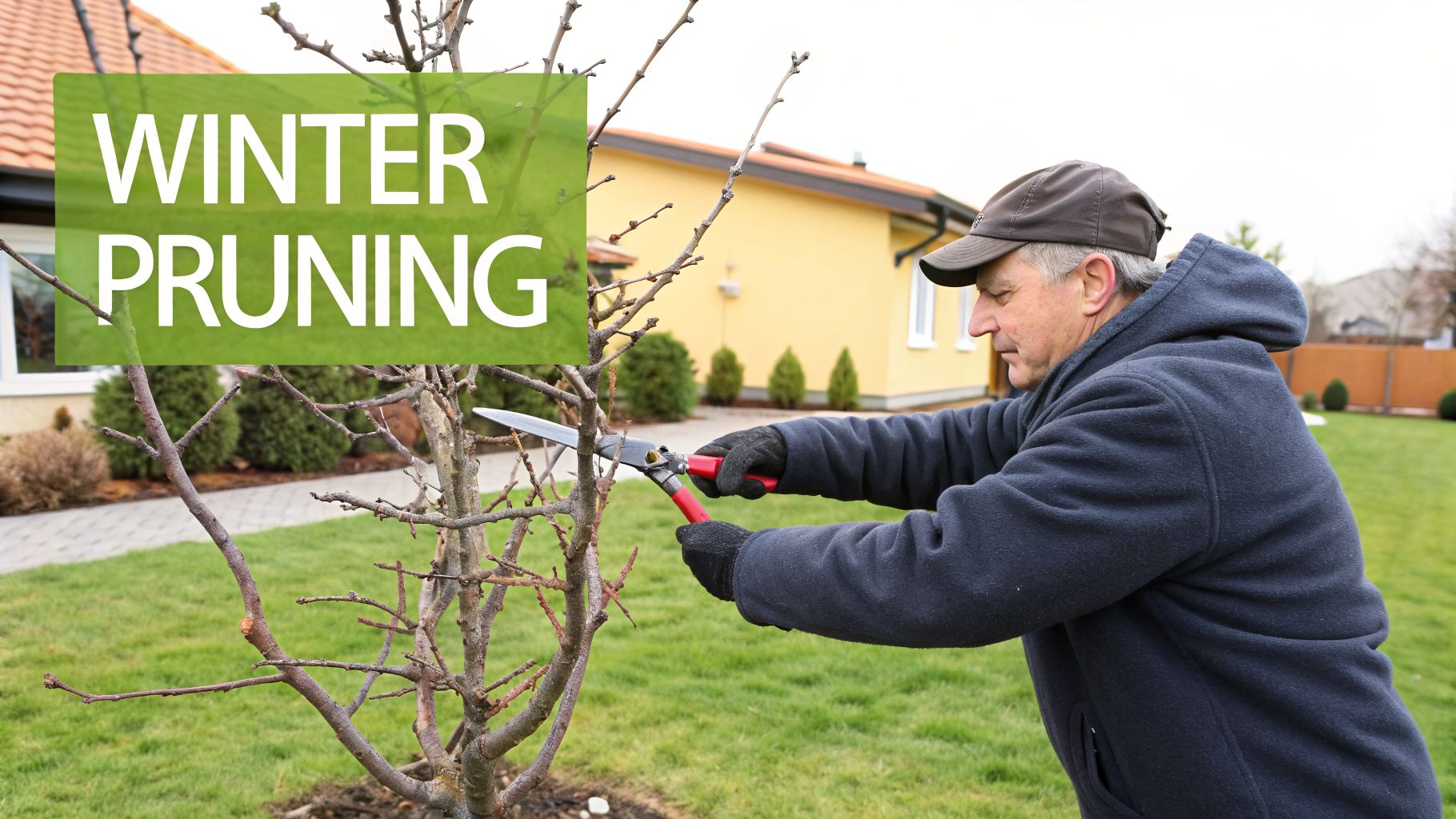 A man in a cap and gloves uses large shears to prune a bare tree in a garden during winter.