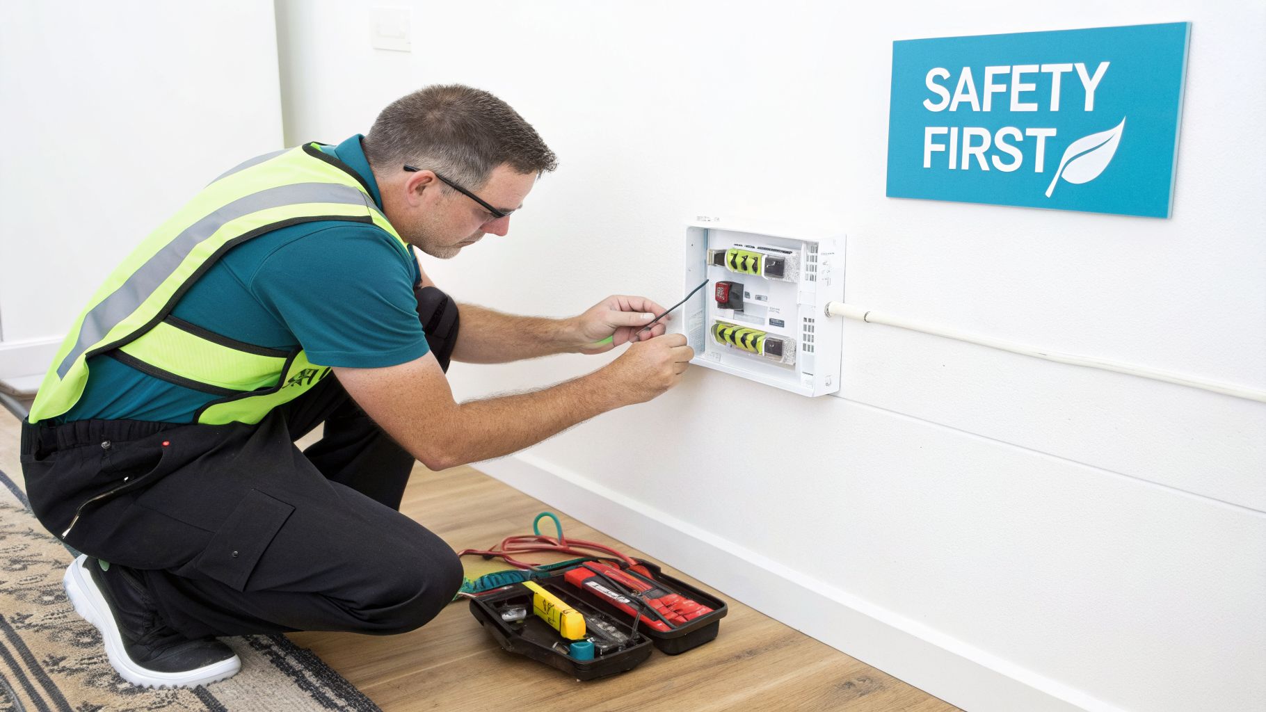 Electrician in a safety vest installing wiring in an electrical panel, with tools nearby and a 'Safety First' sign on the wall.