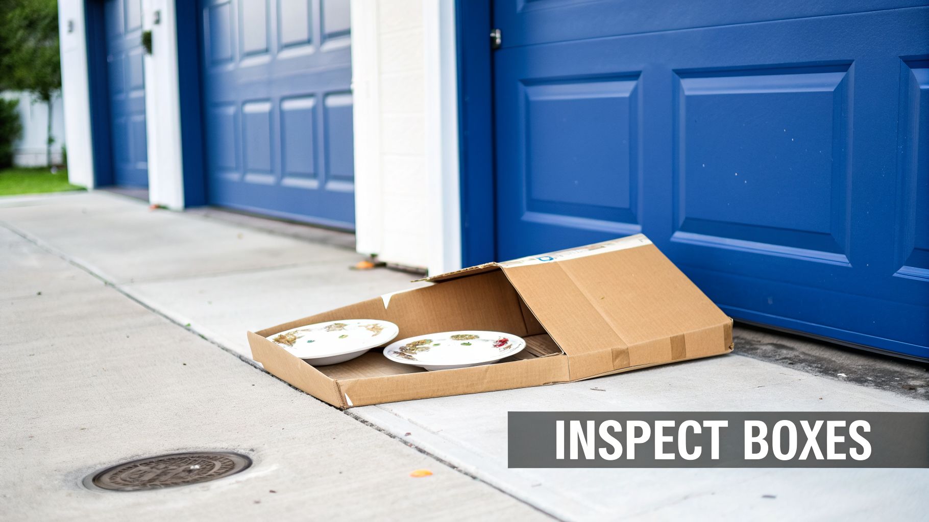 An open cardboard box with two dirty plates inside sits on a concrete driveway in front of blue garage doors.