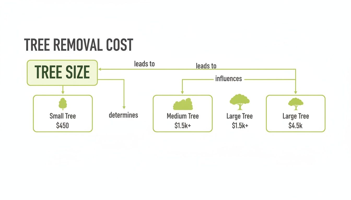 Flowchart illustrating tree removal costs based on tree size: small, medium, and large.