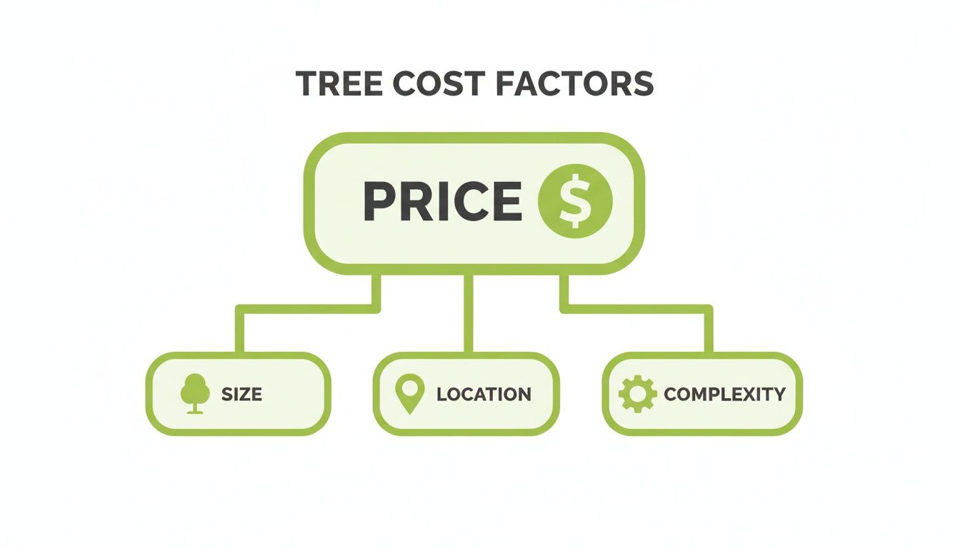 A flowchart titled 'TREE COST FACTORS' showing that PRICE is influenced by SIZE, LOCATION, and COMPLEXITY.