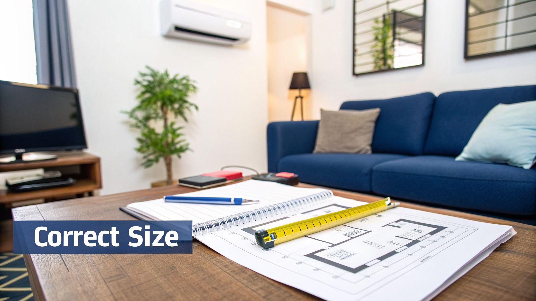 A living room with a floor plan, measuring tape, and pen on a coffee table for size planning.
