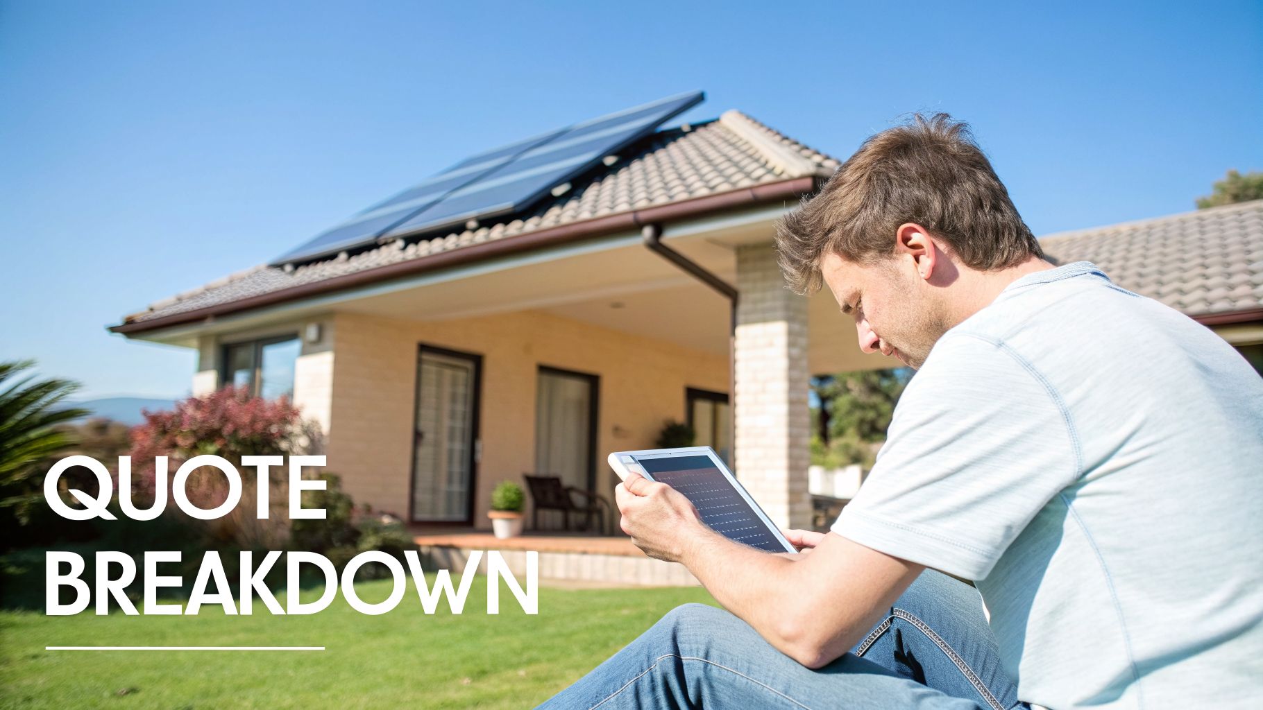 A man sits on green grass looking at a tablet, with a house featuring solar panels in the background.