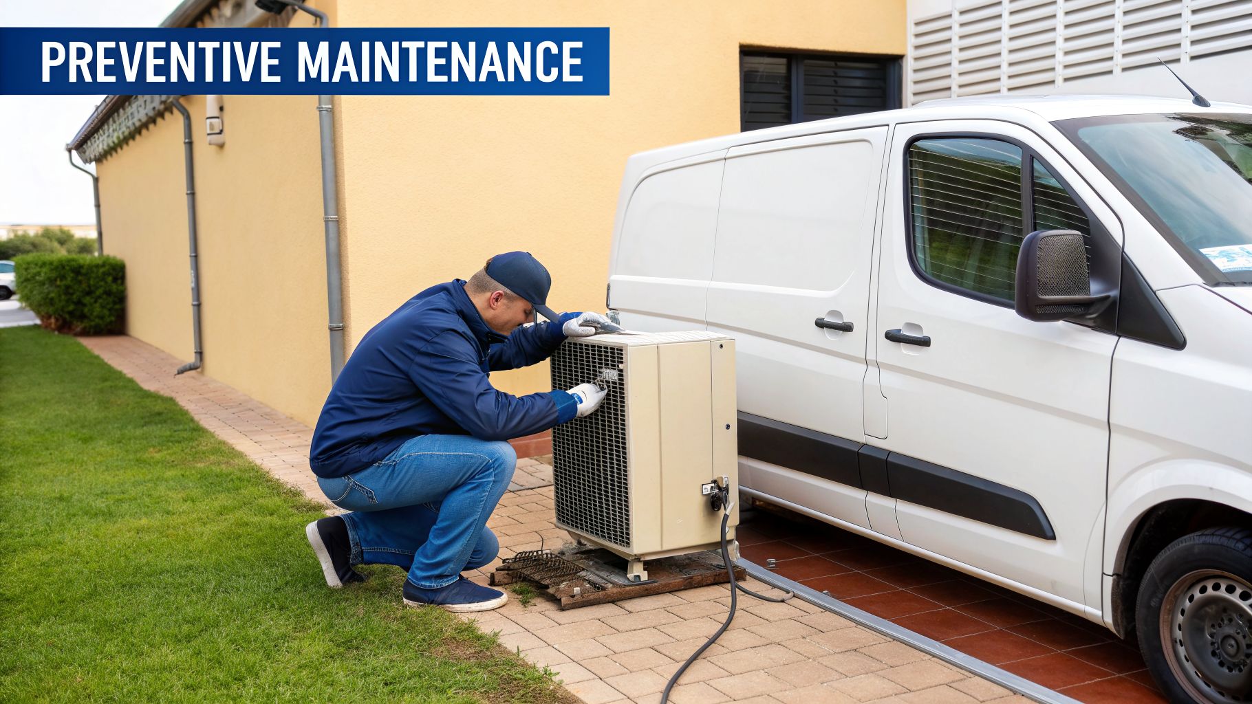 A technician performs preventive maintenance on an outdoor AC unit beside a white service van.