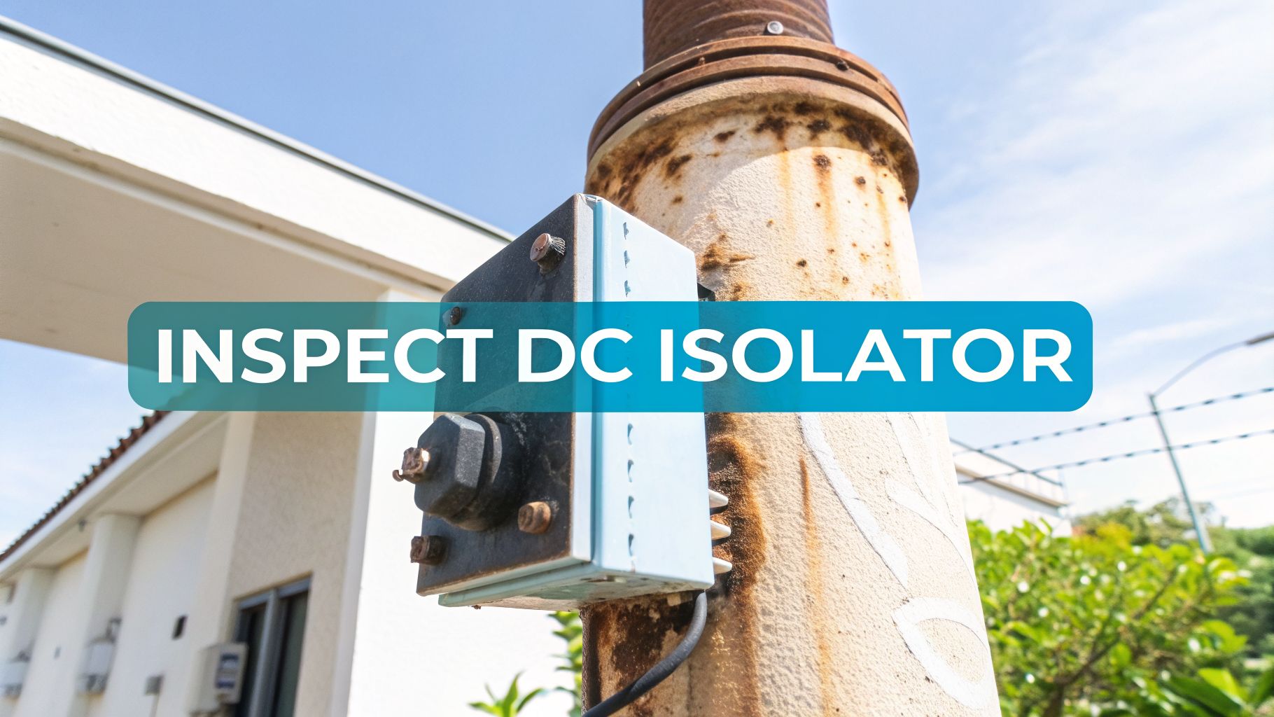 An electrical DC isolator switch mounted on a rusty utility pole against a clear blue sky, showing a need for inspection.