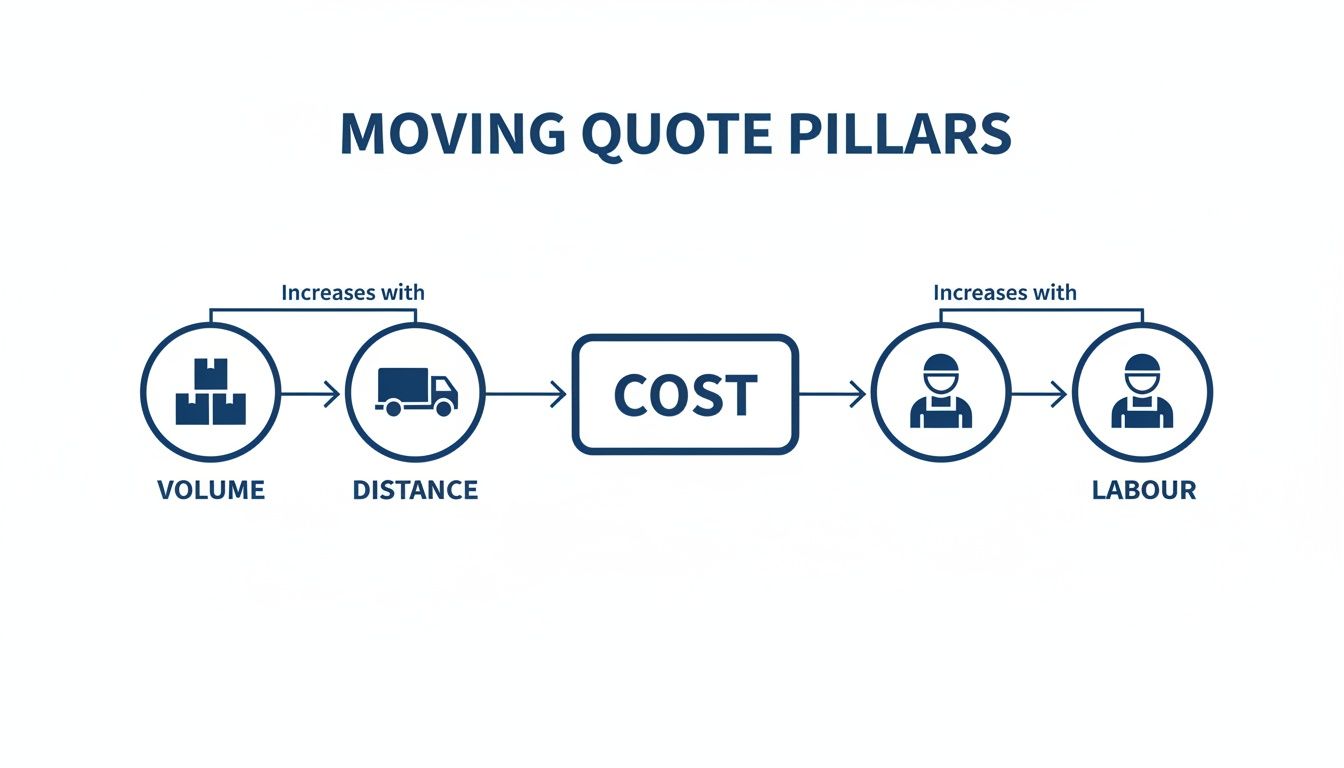 Diagram showing moving quote pillars: cost increases with volume, distance, and labor.