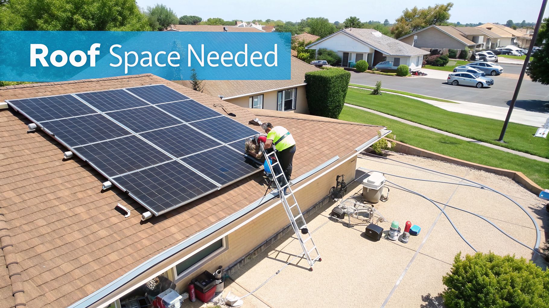 A worker on a ladder installs solar panels on a brown residential roof, with a 'Roof Space Needed' banner.