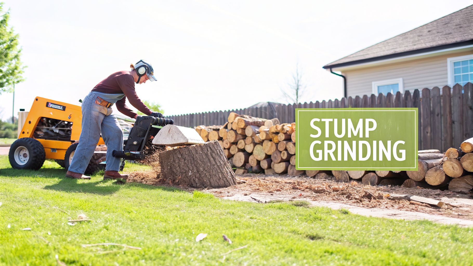 A person grinds a tree stump in a sunny yard with a professional stump grinder. Cut logs are piled nearby.