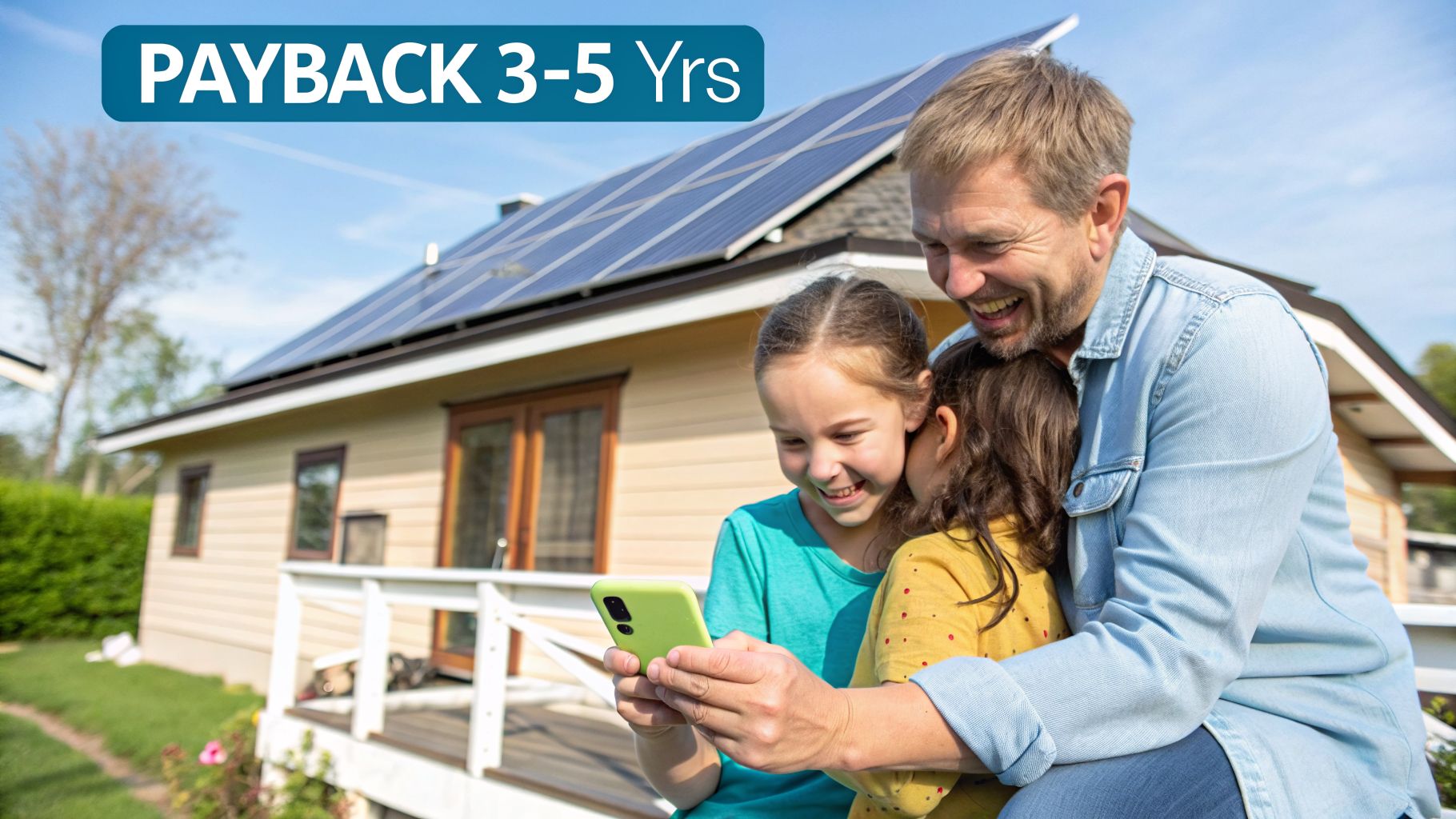 Happy family with solar panels on house, looking at phone, suggesting energy savings.