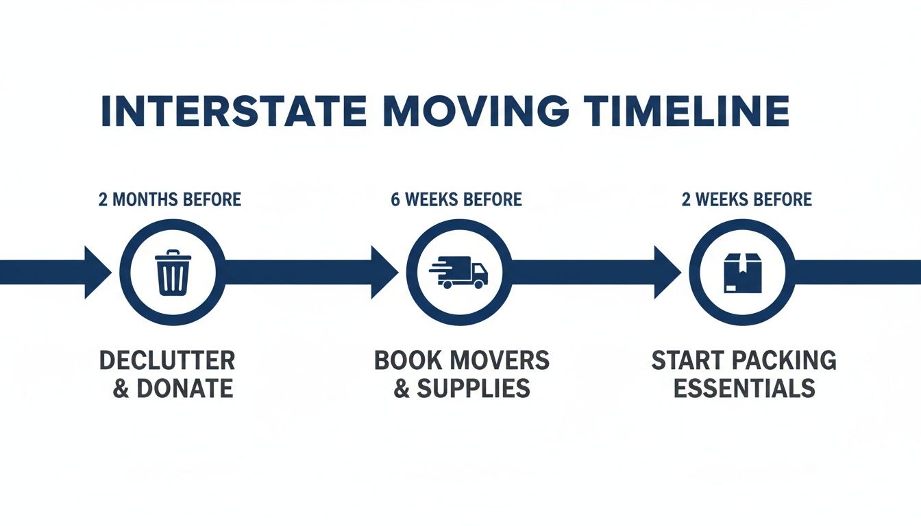 Interstate moving timeline illustrating key steps: declutter, book movers, and pack essentials before moving day.