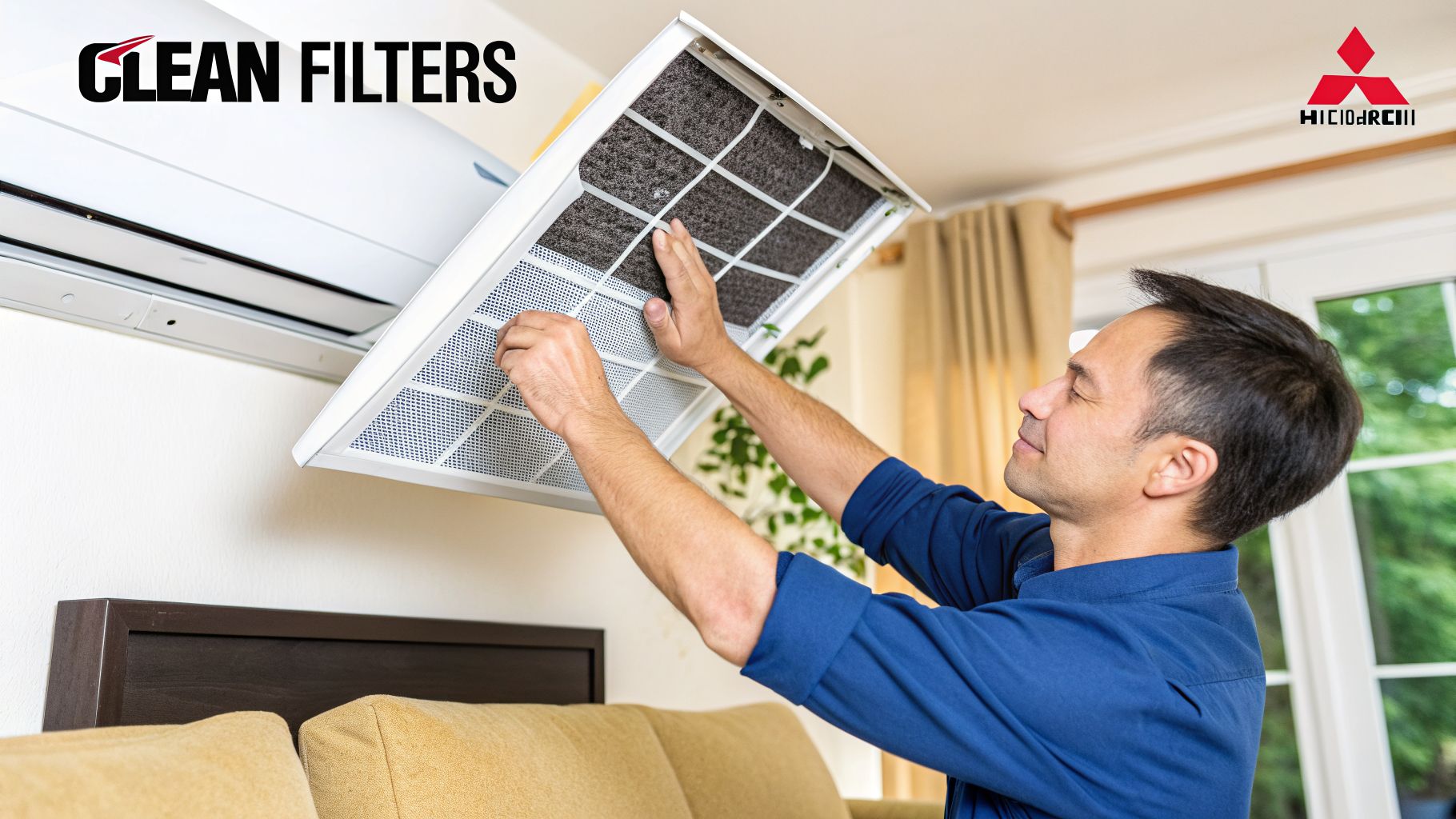 A man smiling while cleaning or replacing the air filter of a Mitsubishi air conditioner unit.
