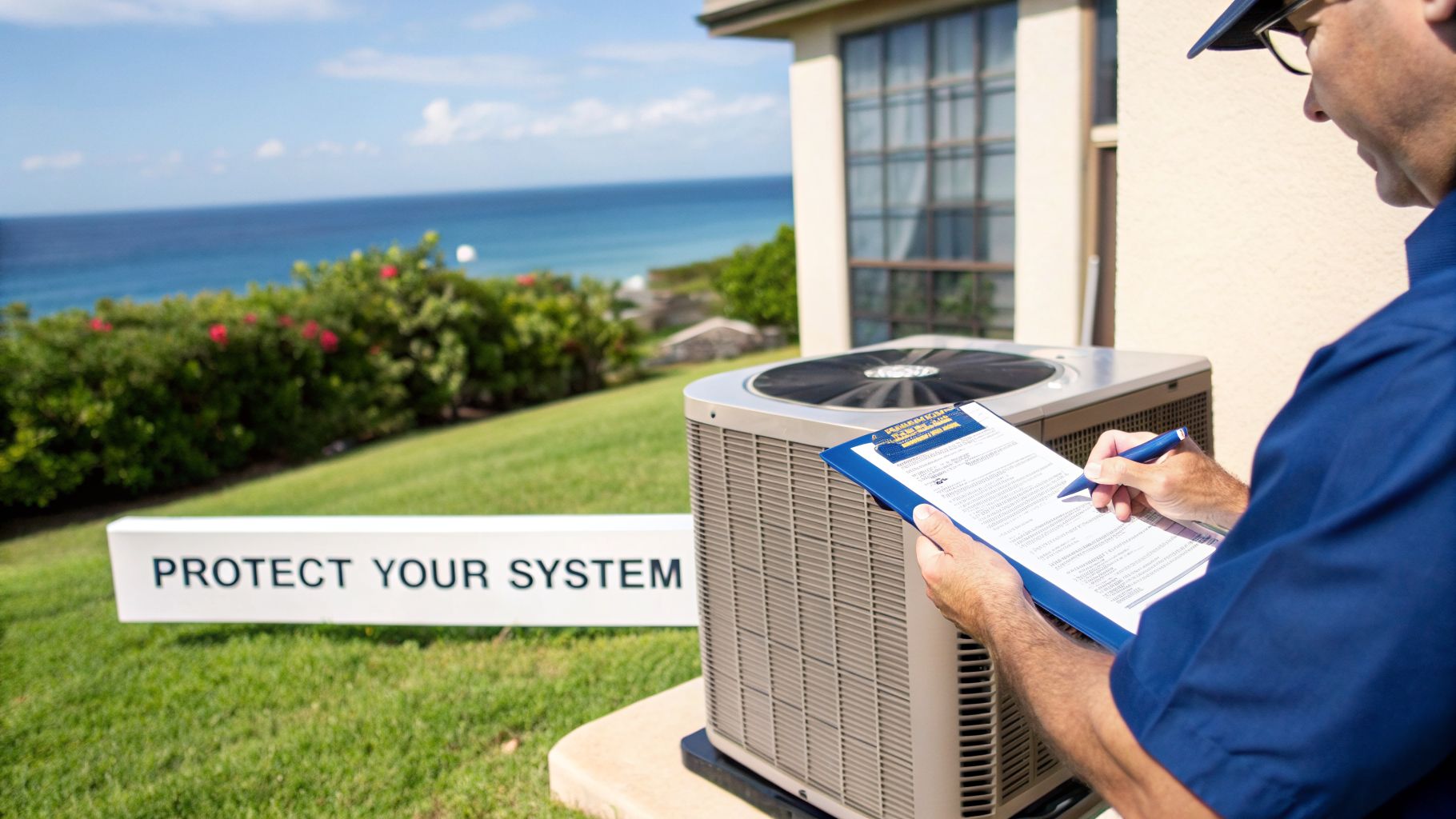 Technician inspecting an outdoor air conditioning unit with a 'PROTECT YOUR SYSTEM' sign and ocean background.