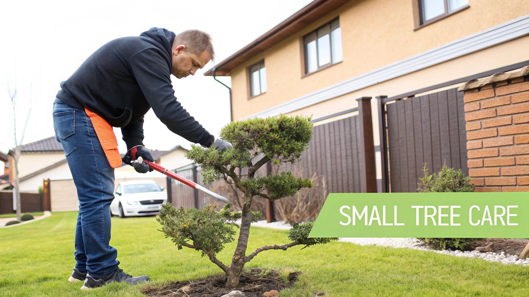 A man in jeans and a black hoodie prunes a small tree in a green garden, offering small tree care.