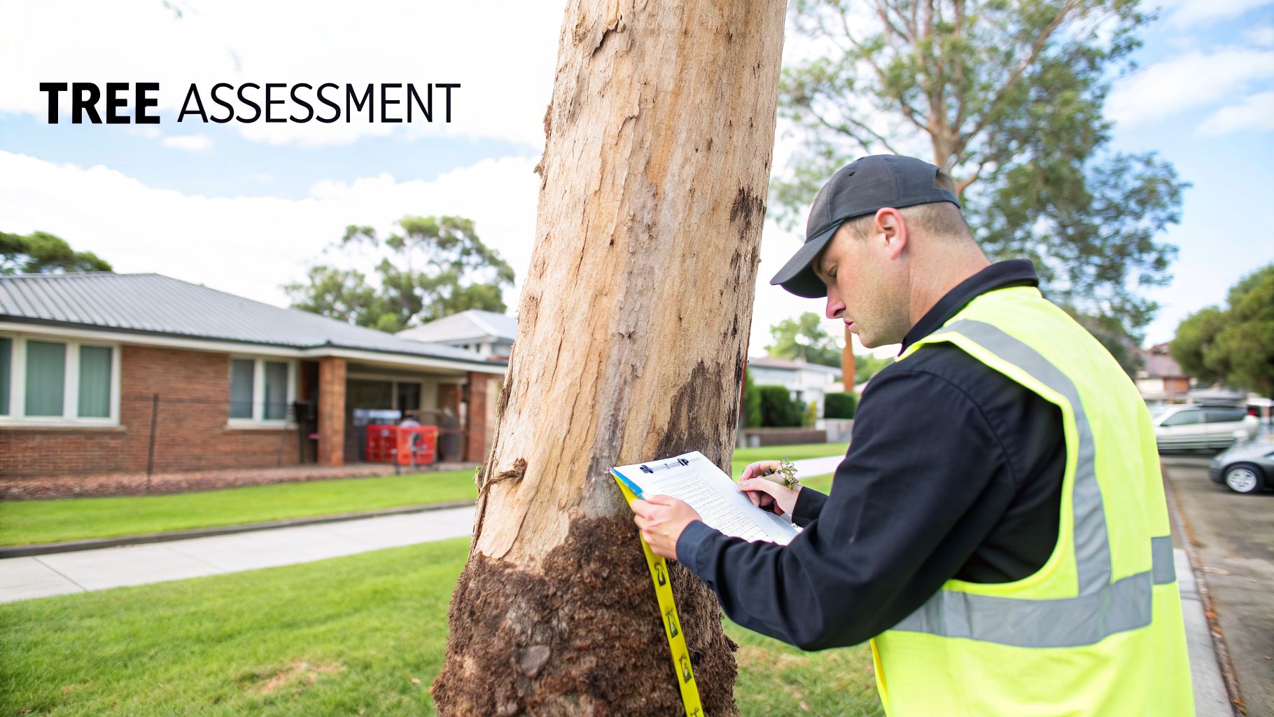 An arborist in a high-vis vest measures and inspects a tree trunk, performing a tree assessment near a residential property.