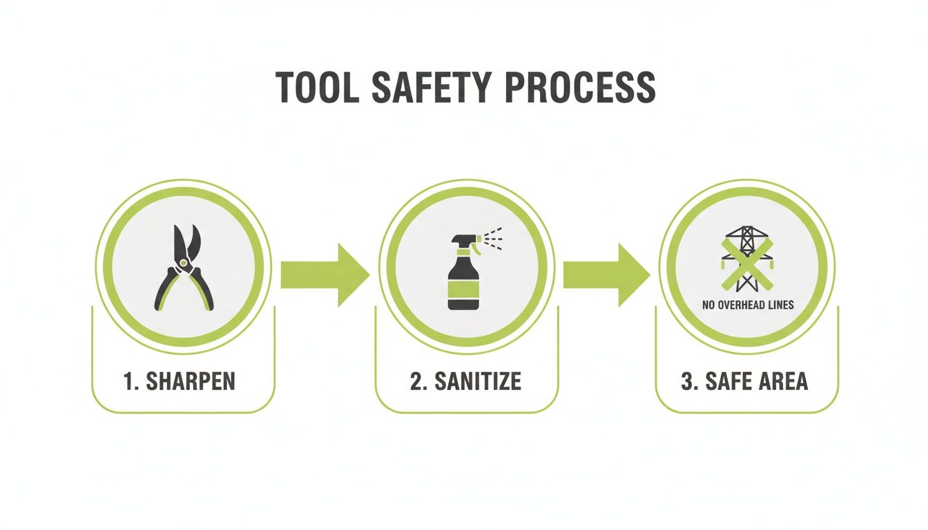 A diagram illustrating a 3-step tool safety process: sharpen, sanitize, and work in a safe area.