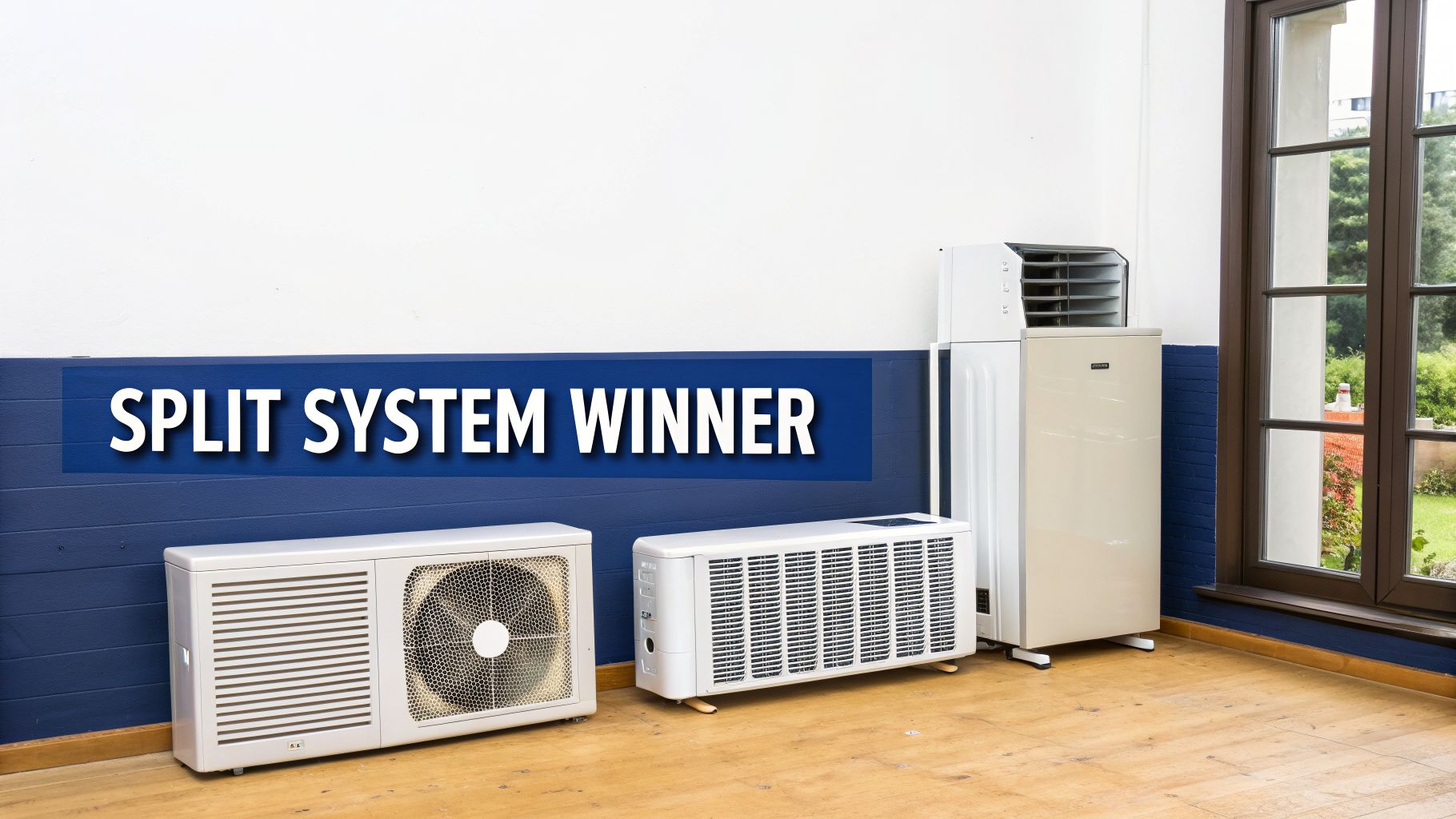 Several different split system air conditioners displayed in a room with a blue and white wall, labeled 'SPLIT SYSTEM WINNER'.
