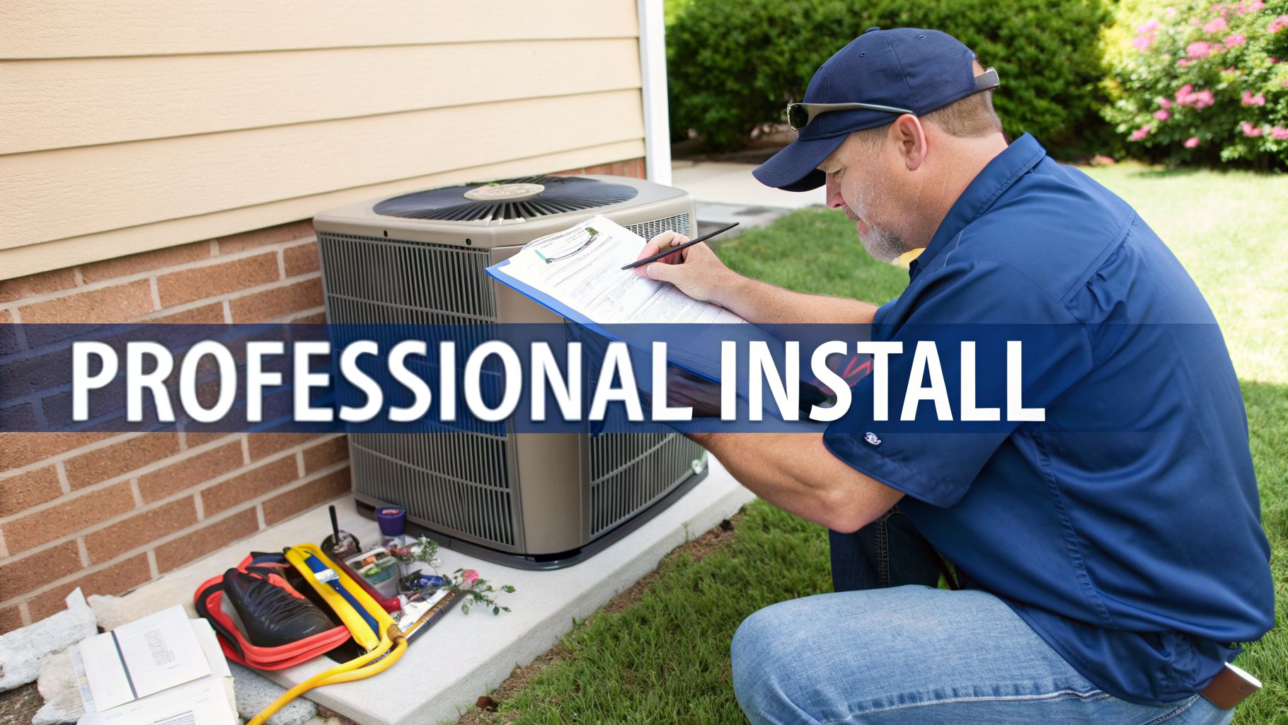 A professional technician in a blue uniform inspects and writes on a clipboard next to an outdoor AC unit, signifying a professional install.