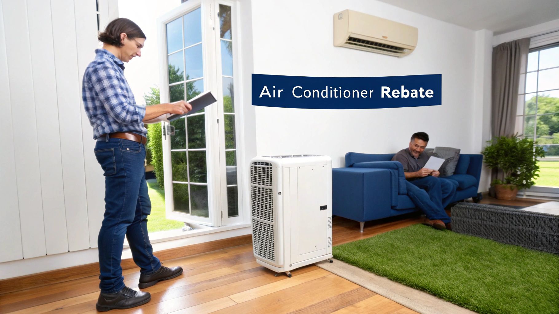 Two men in a modern home with a portable and wall-mounted air conditioner, promoting a rebate.
