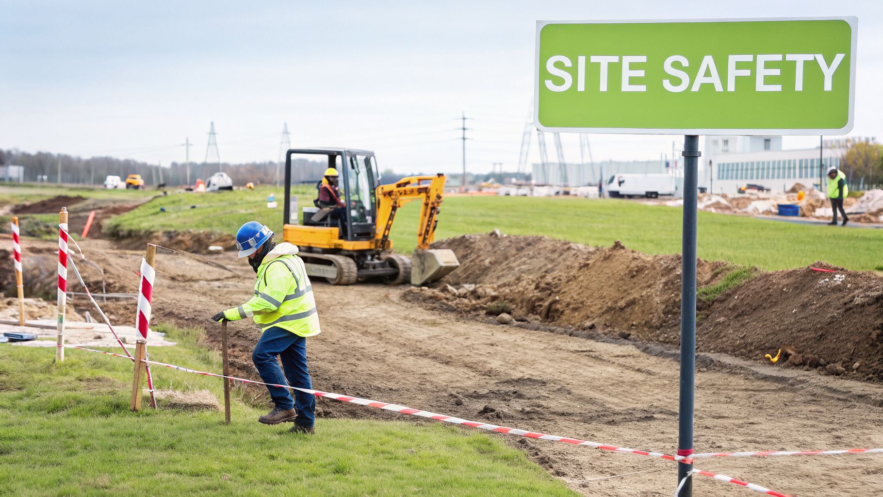 Workers at a construction site with an excavator and a prominent 'SITE SAFETY' sign.