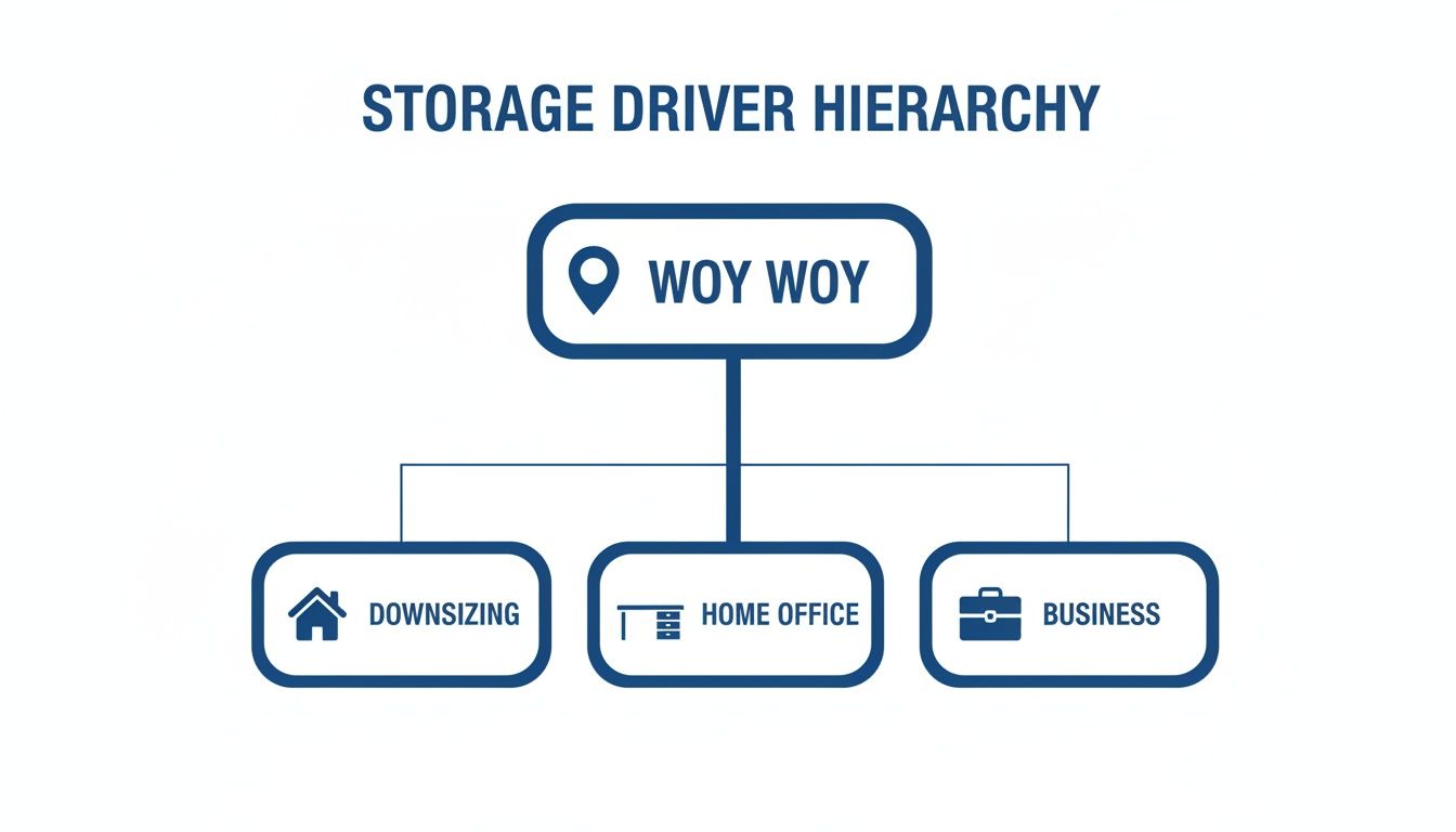 A storage driver hierarchy chart for Woy Woy, showing factors like downsizing, home office, and business.