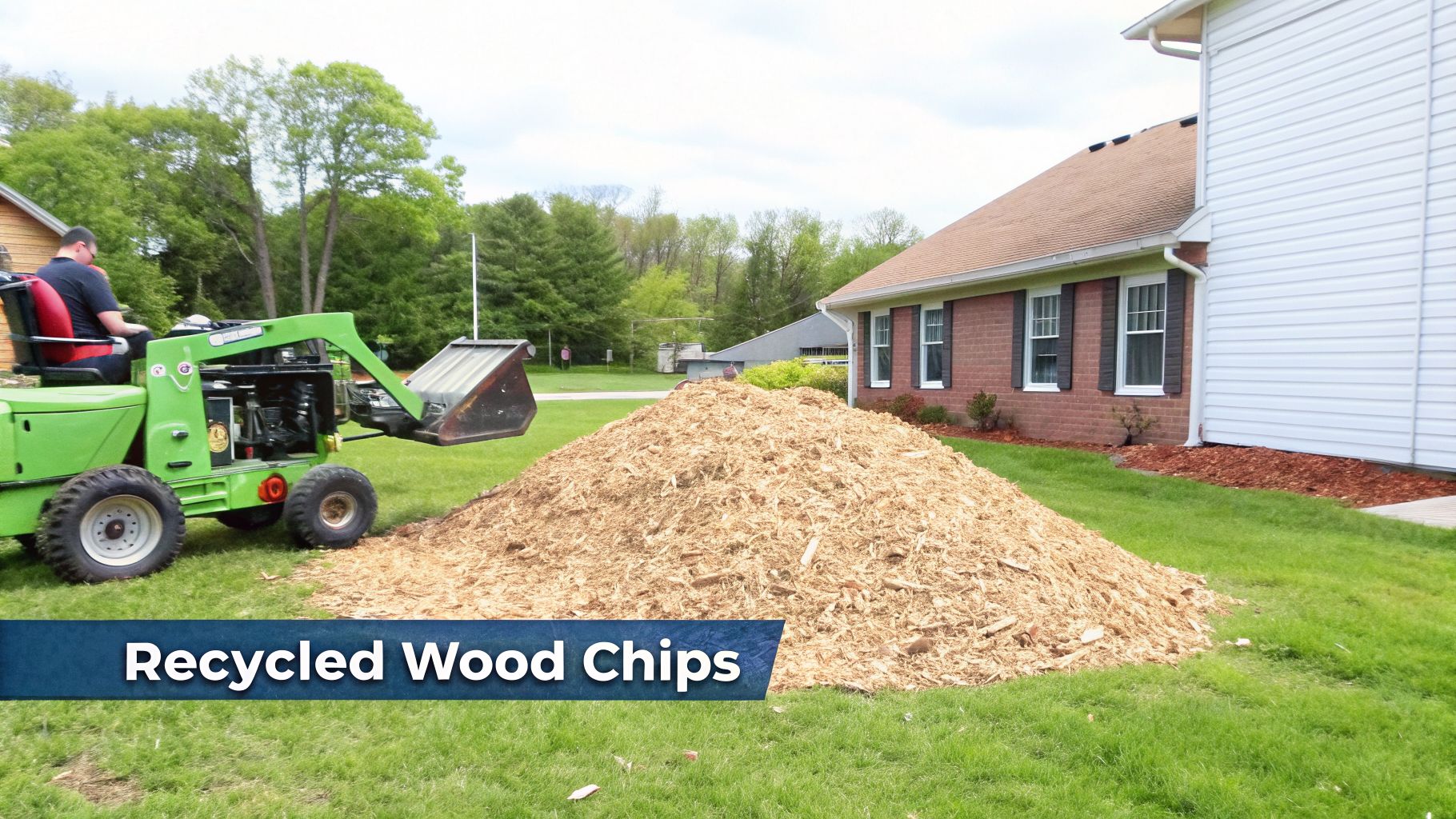 A man operates a green mini-loader next to a large pile of wood chips in a suburban yard.