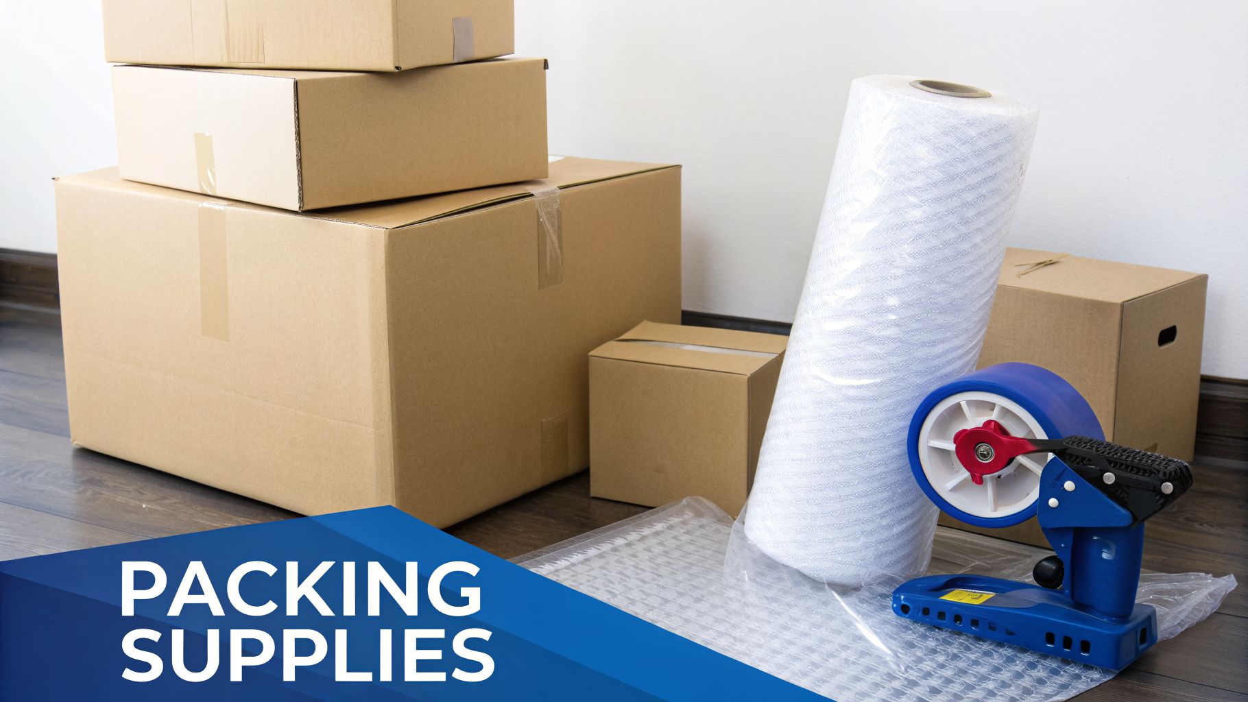 Several cardboard boxes, a large roll of protective packing foam, and a tape dispenser for moving supplies.