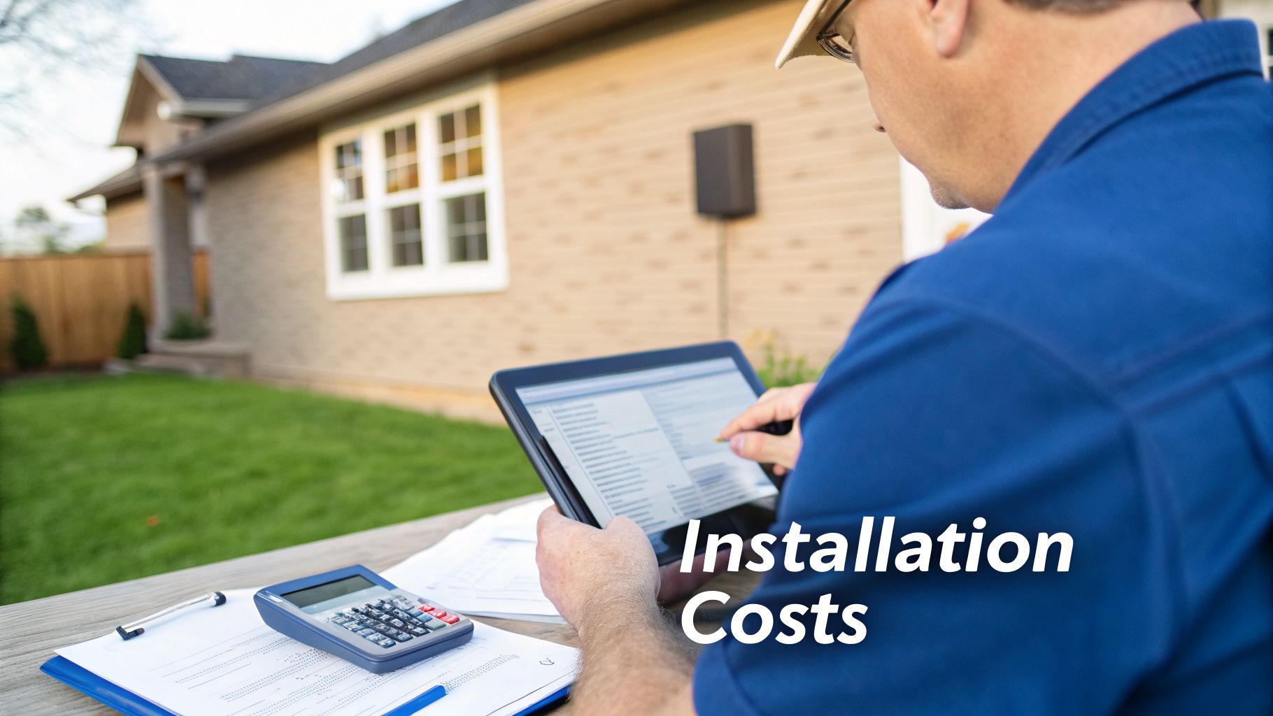 A man uses a tablet and calculator to estimate installation costs for a house.