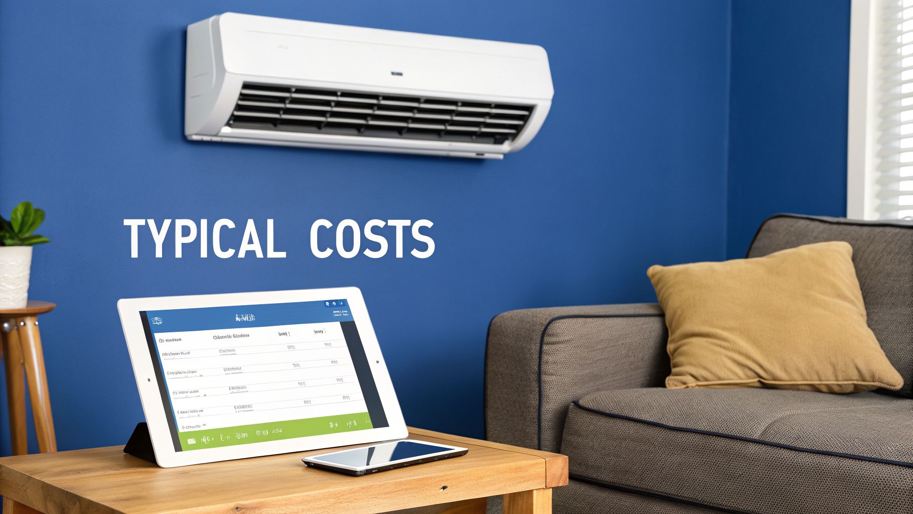 A room with a white air conditioner on a blue wall, a tablet displaying costs on a wooden table, and the text 'TYPICAL COSTS'.