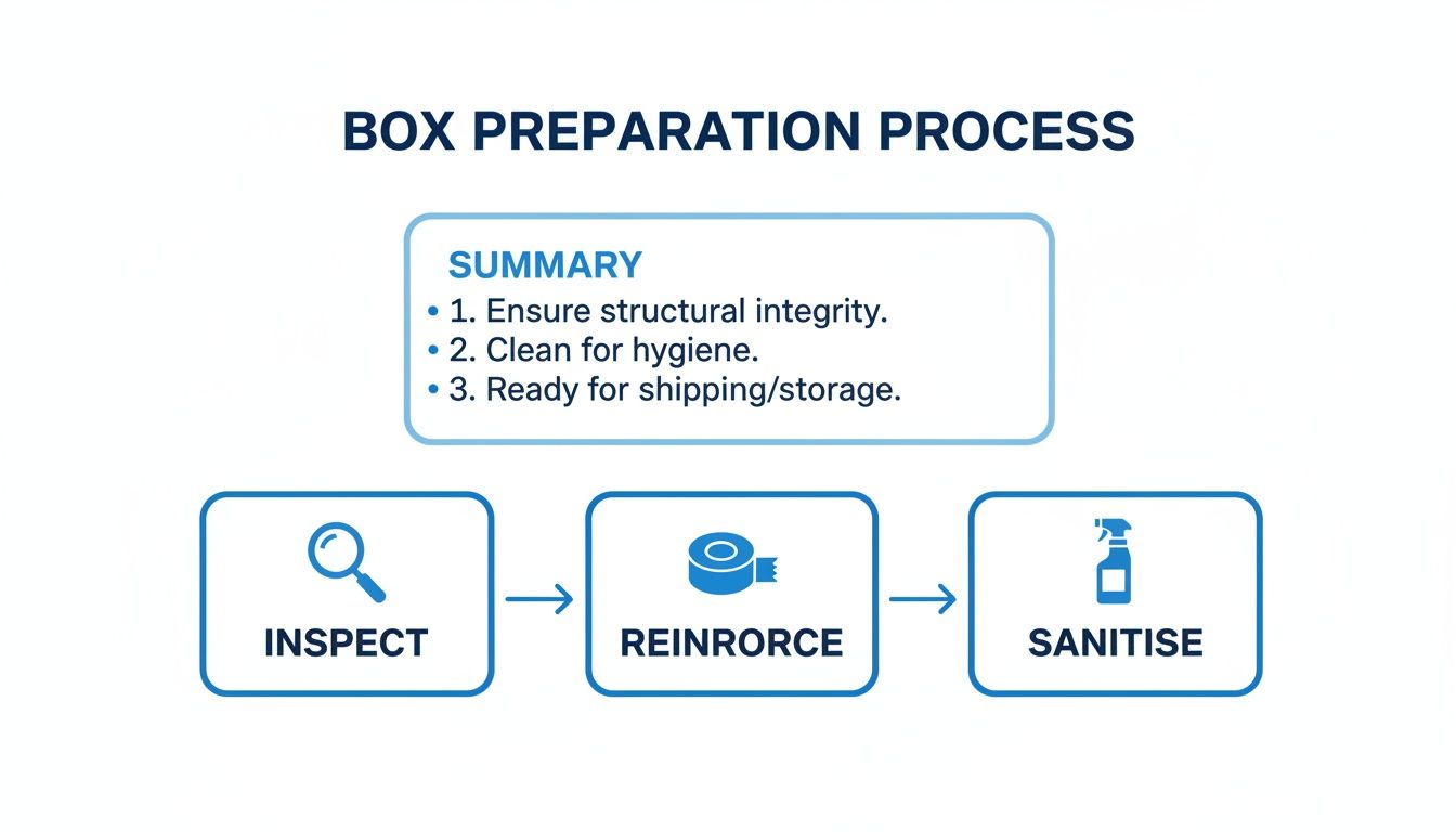 A flowchart detailing the box preparation process, including steps for inspection, reinforcement, and sanitization.