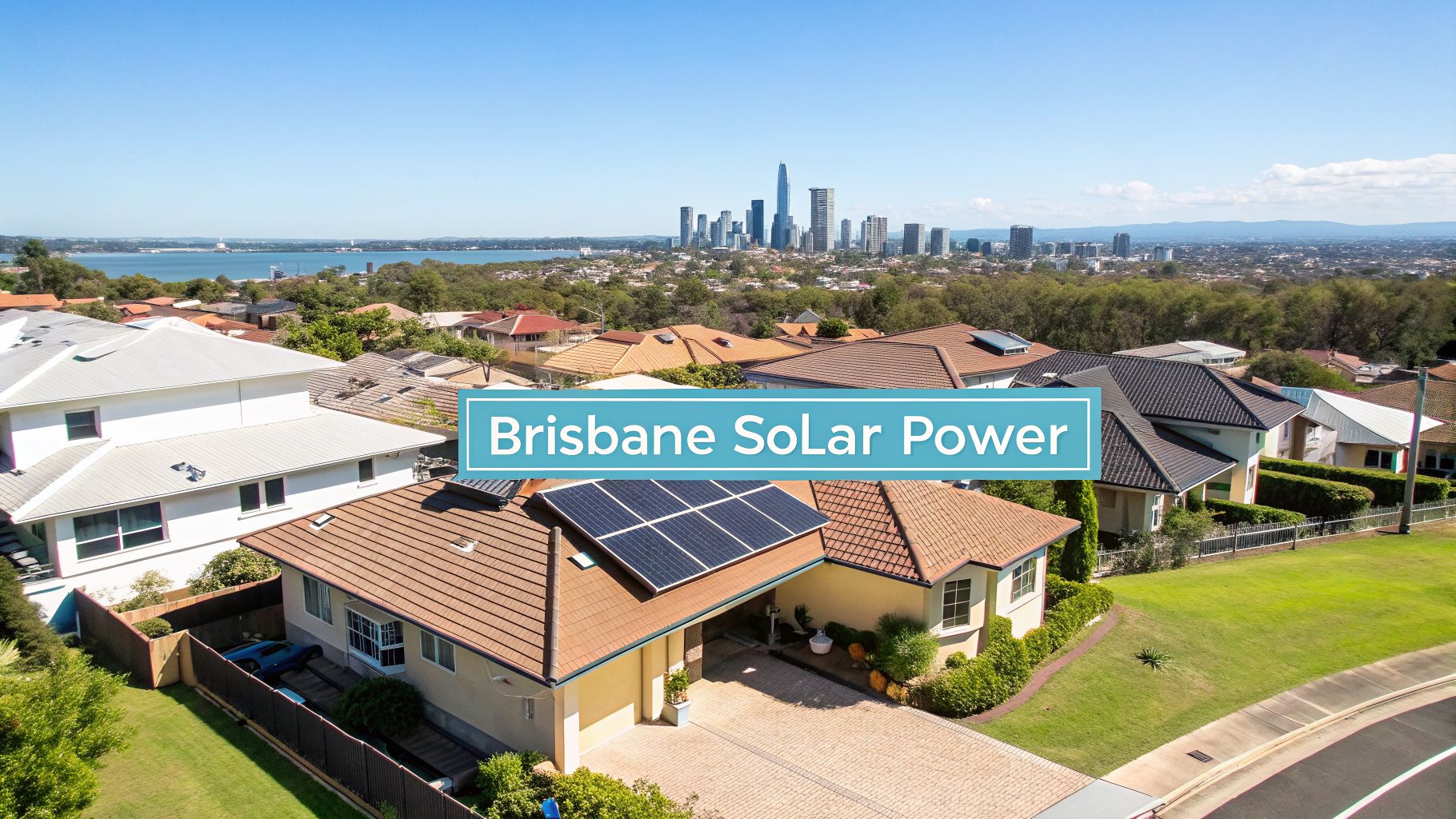 Aerial view of Brisbane homes with solar panels, a vibrant city skyline, and clear blue water.