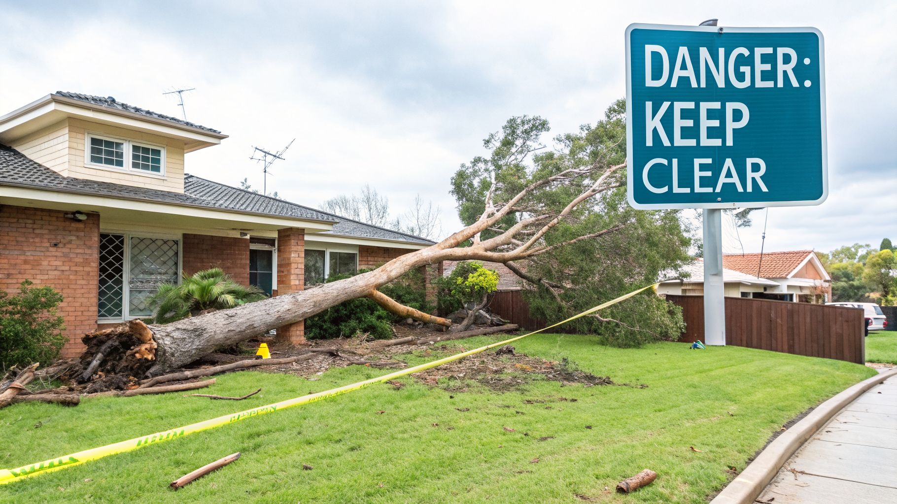 Storm-damaged house with a massive fallen tree across the front yard, caution tape, and a warning sign.