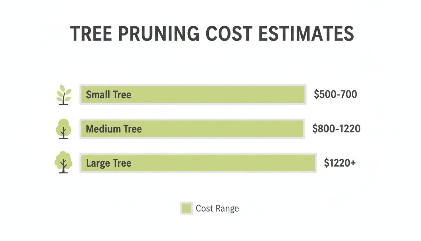Tree pruning cost estimates chart detailing prices for small, medium, and large trees.
