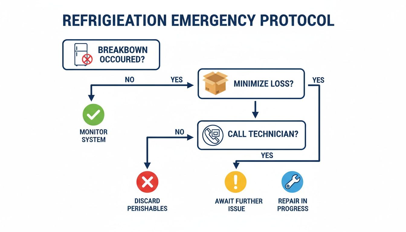 Flowchart outlining a refrigeration emergency protocol, detailing steps from breakdown to repair or disposal.