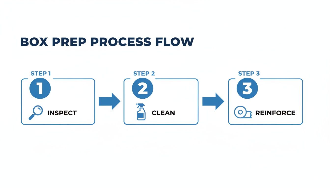 Process flow diagram illustrating three steps for box preparation: inspect, clean, and reinforce.