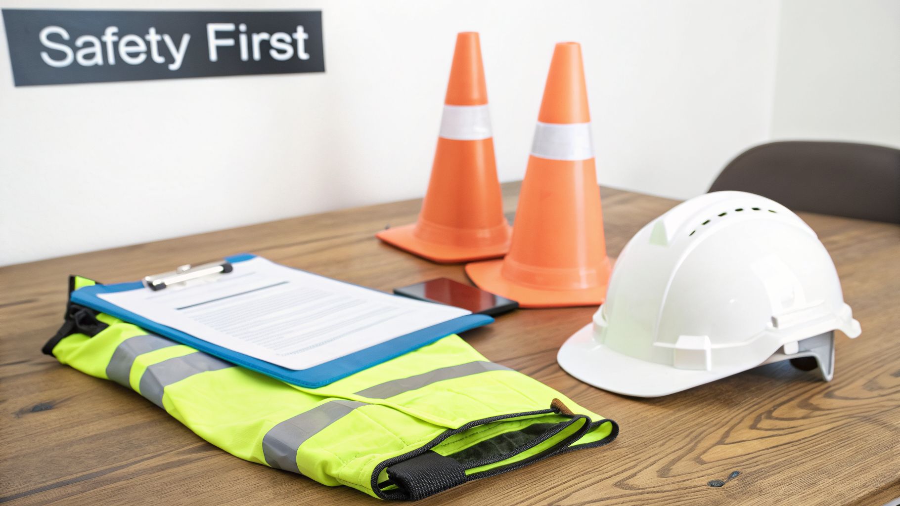 Construction safety equipment on a wooden table, including a hard hat, vest, cones, and a 'Safety First' sign.