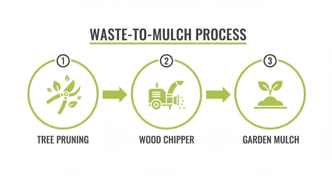 A diagram illustrating the waste-to-mulch process: tree pruning, wood chipping, and garden mulch.