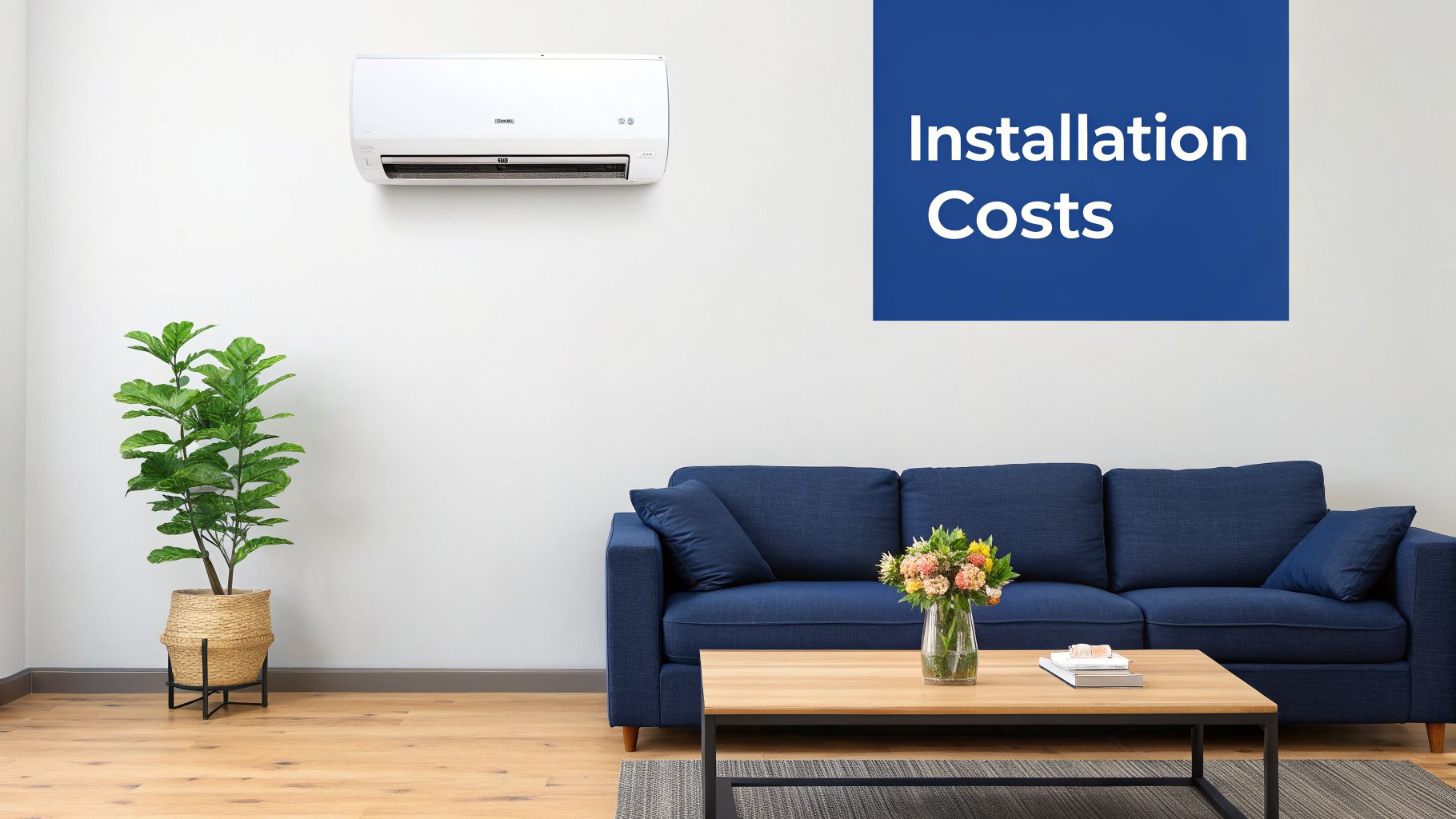 Modern living room featuring a white split air conditioner, blue sofa, and a sign titled 'Installation Costs'.